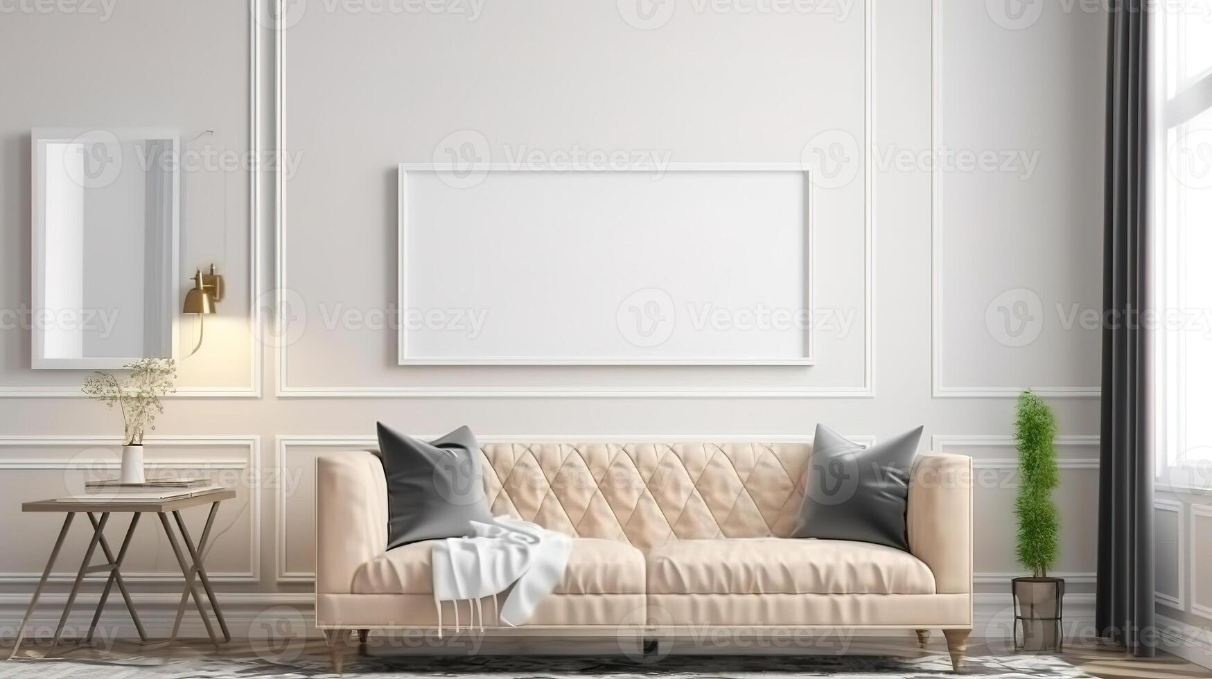 Hampton style living room interior with frame mockup, 3d render, Bright color. photo