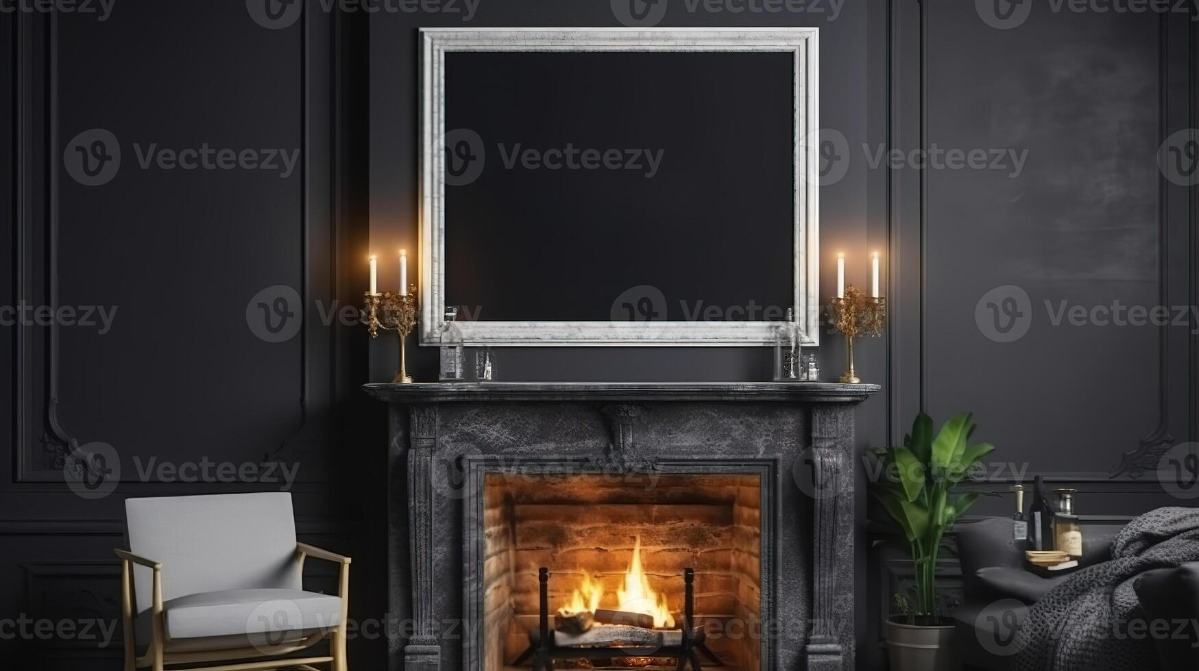 Mock up poster frame in dark interior background with fireplace. photo