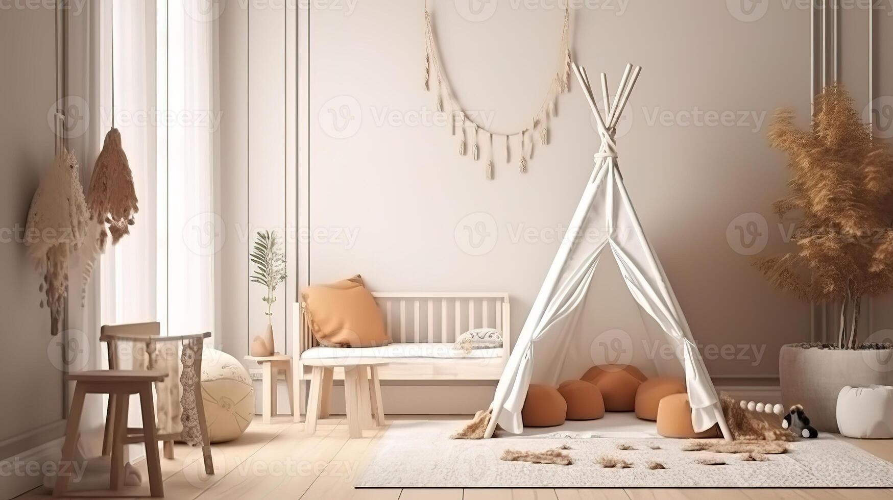 Creative scandi childs room interior with mock up. photo