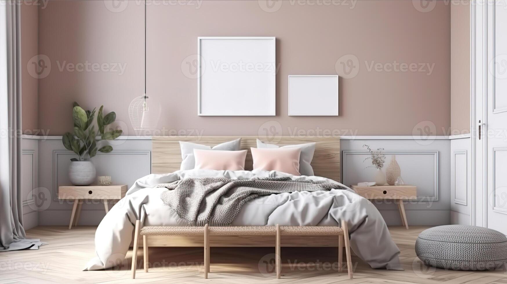 Mock-up poster frame in bedroom, Scandinavian style, 3d render. photo