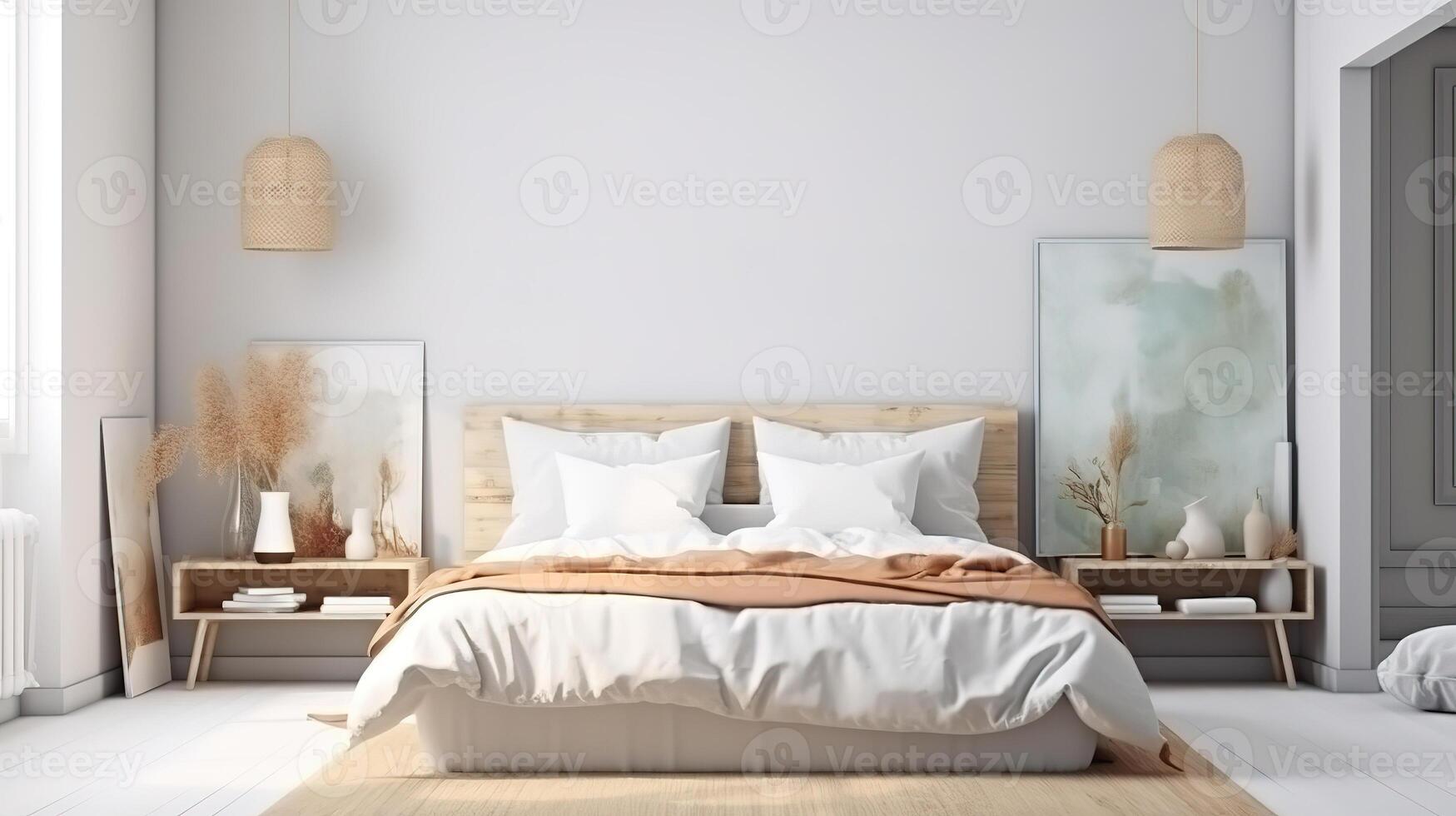 Mock up frame in cozy home interior background, coastal style bedroom. photo