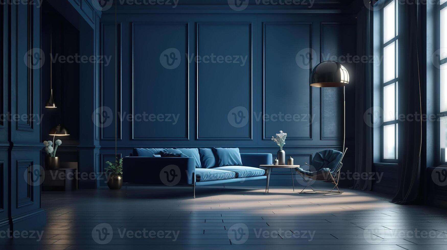 Dark blue home interior background, modern style, 3d render, Bright color. photo