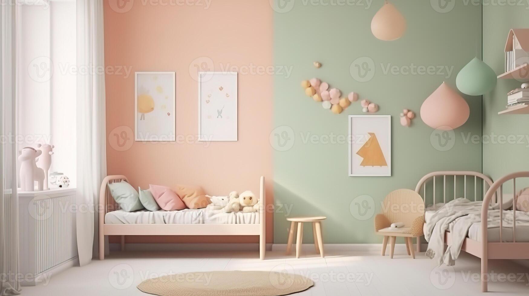 Kids playroom with many toys and large photo frame.