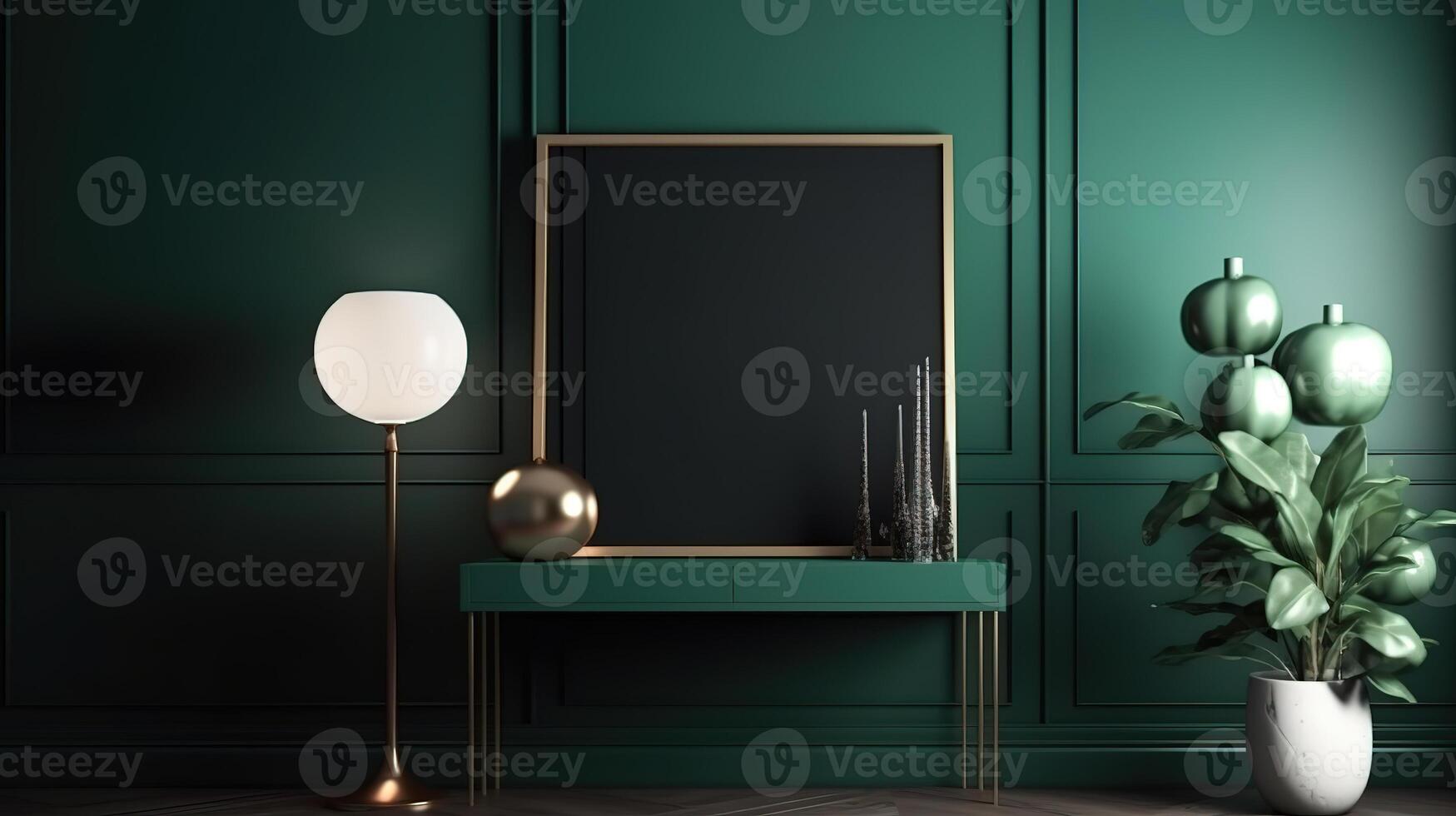 Mockup poster frame in modern dark green home interior, 3d render, Bright color. photo