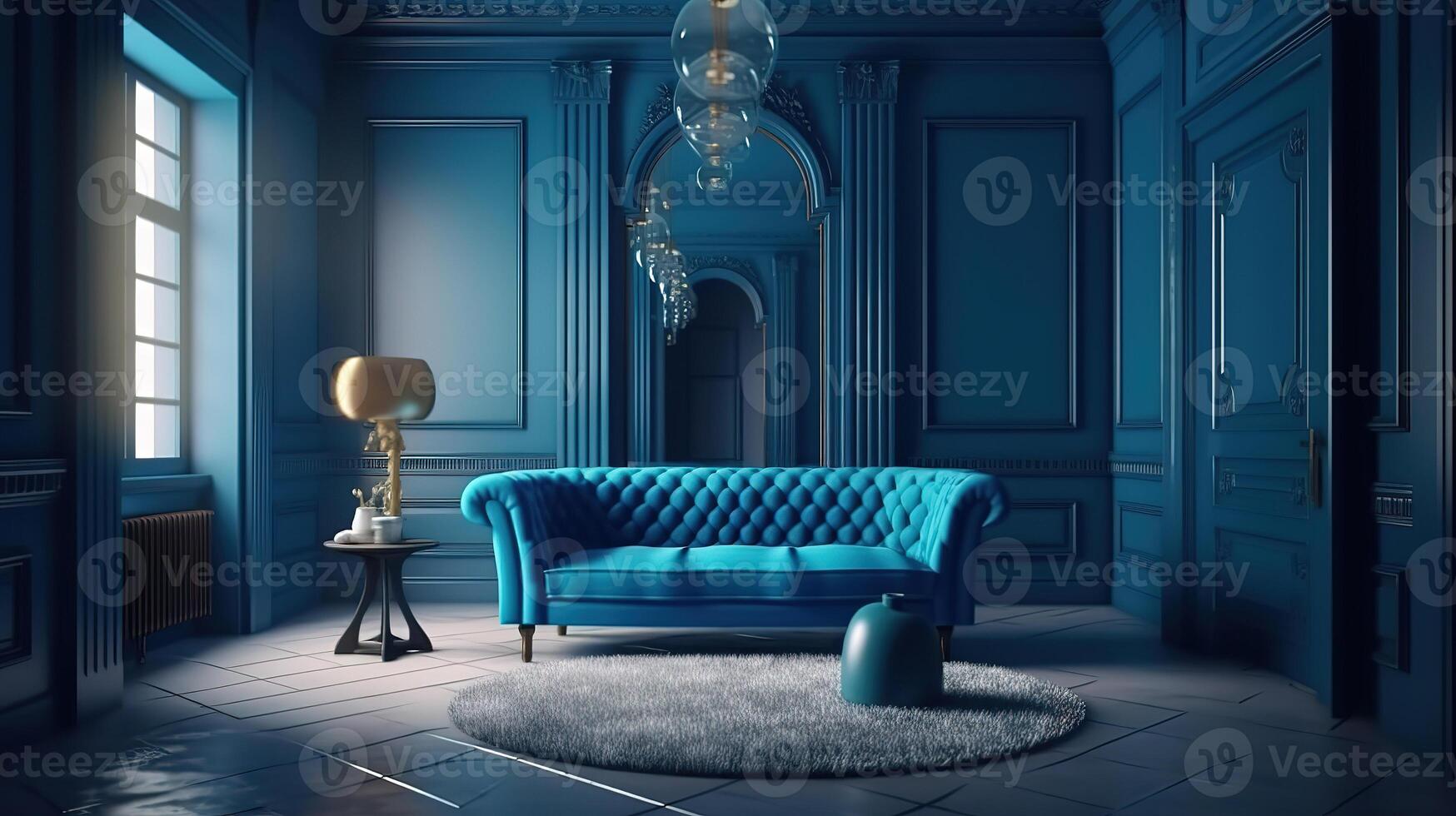 Home interior with furniture in trendy blue color. photo