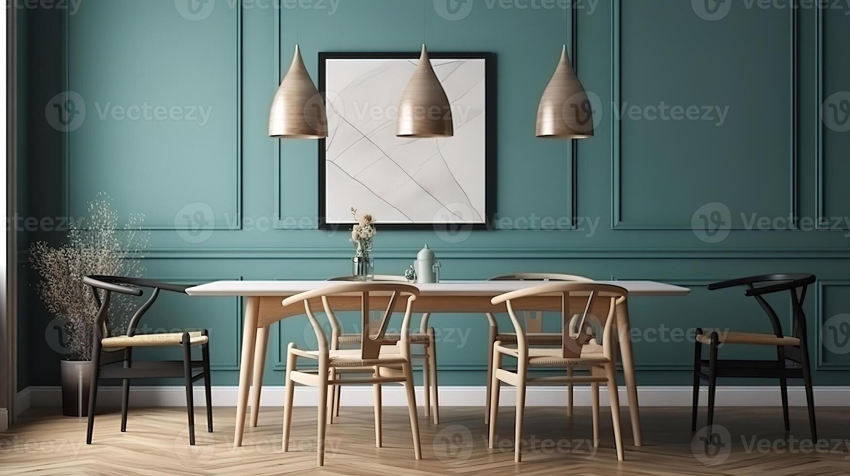 Picture frame mockup hanging in modern dining room home decor interior. photo