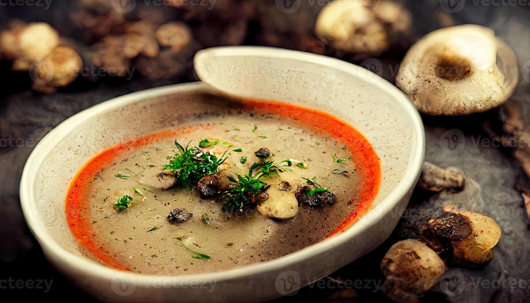 Spicy mushroom soup with fresh dill in a bowl and toast close-up. photo