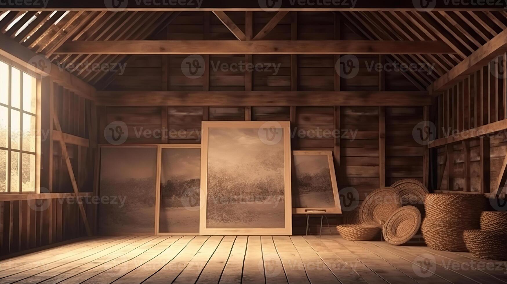 Frame mockup in cozy barn interior background, 3d render. photo