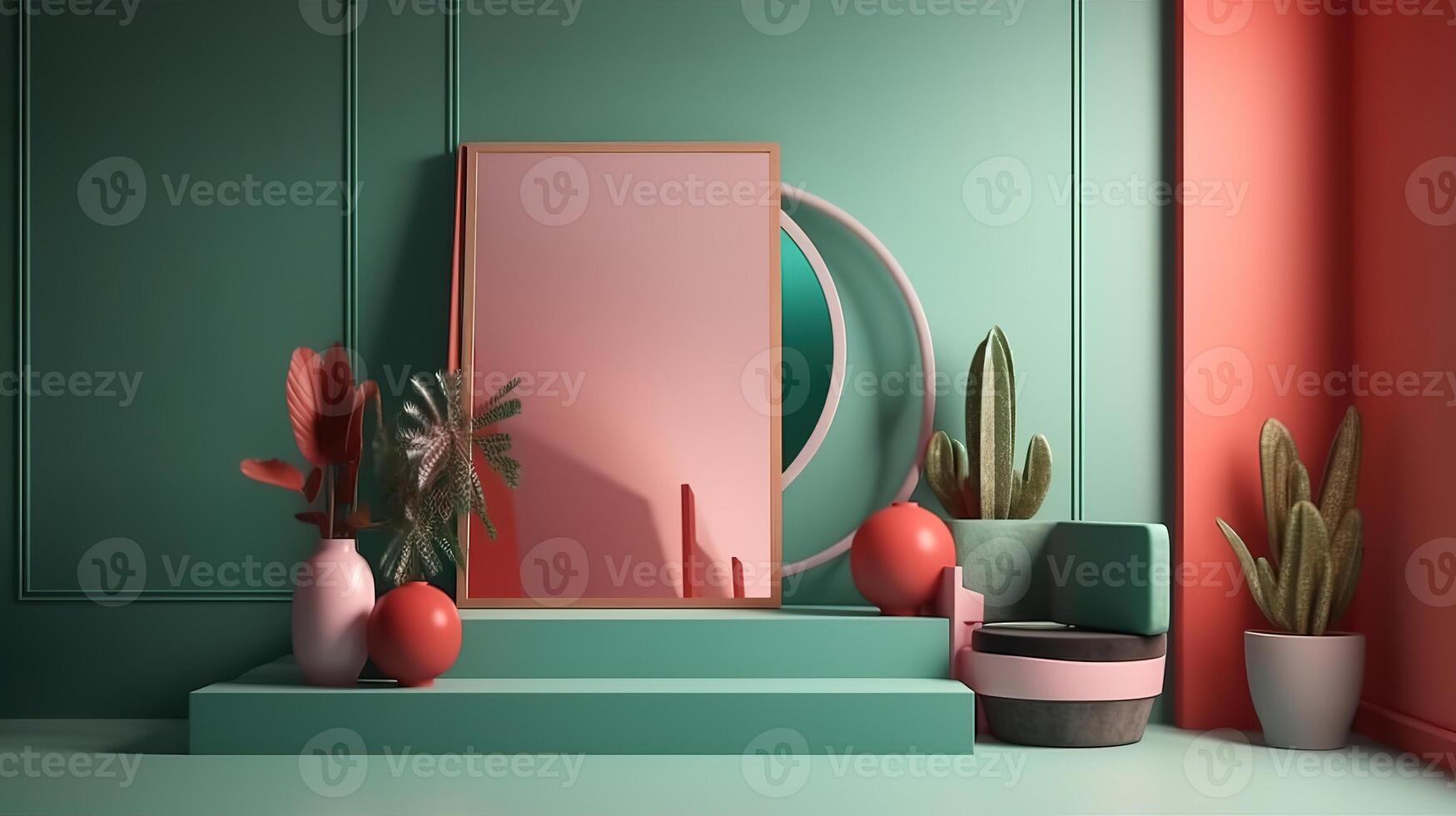 Mock up poster frame in interior living room and chair, 3d render. photo
