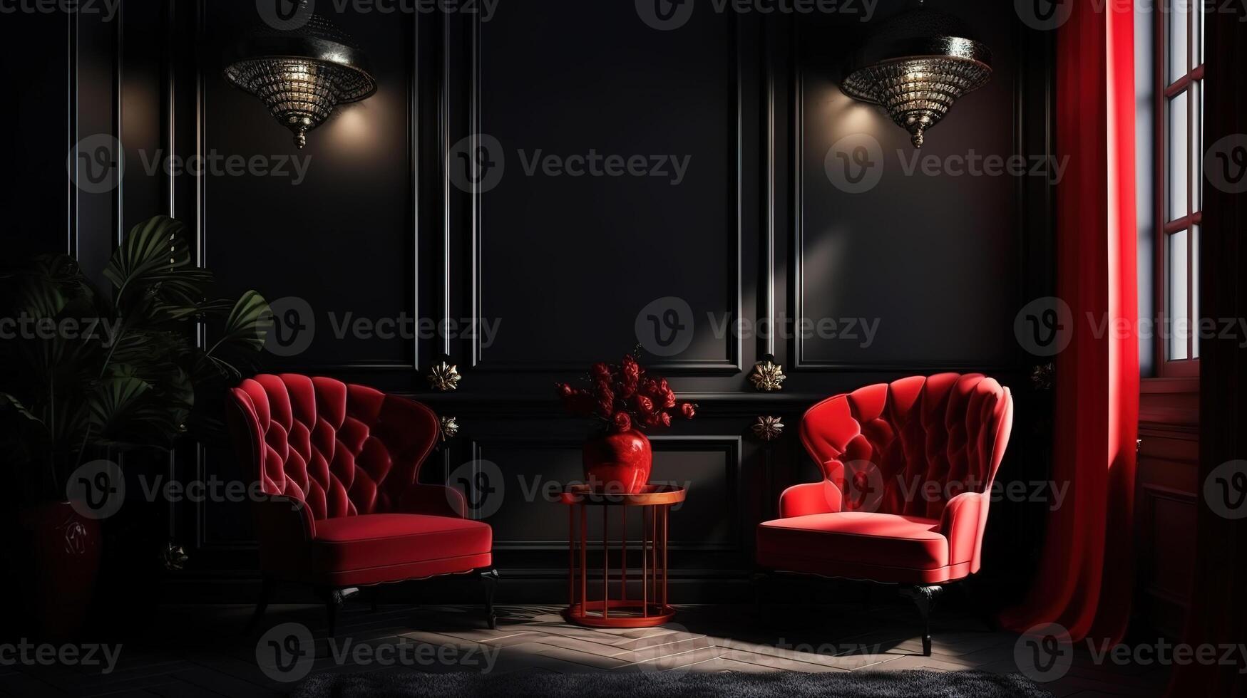 Elegant dark interior with bright red armchairs, 3d render, Bright color. photo