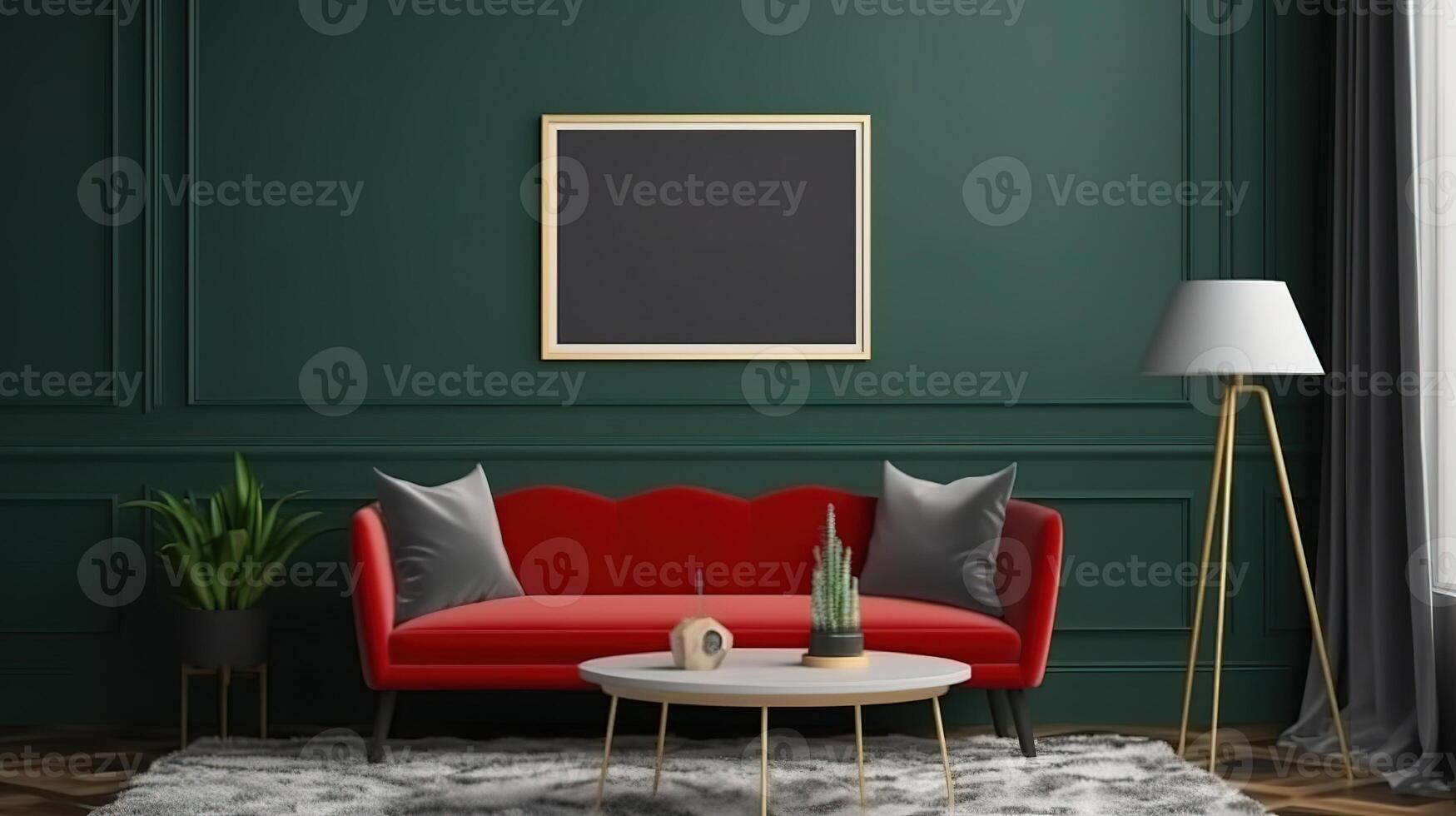 Mockup frame in dark green home interior with red sofa, table and decor. photo
