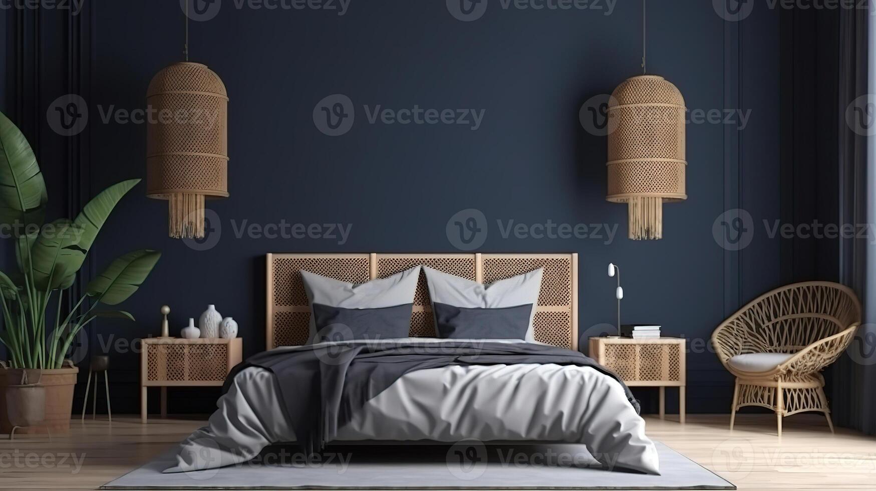 Empty poster frame mock up on dark blue wall with bed. photo