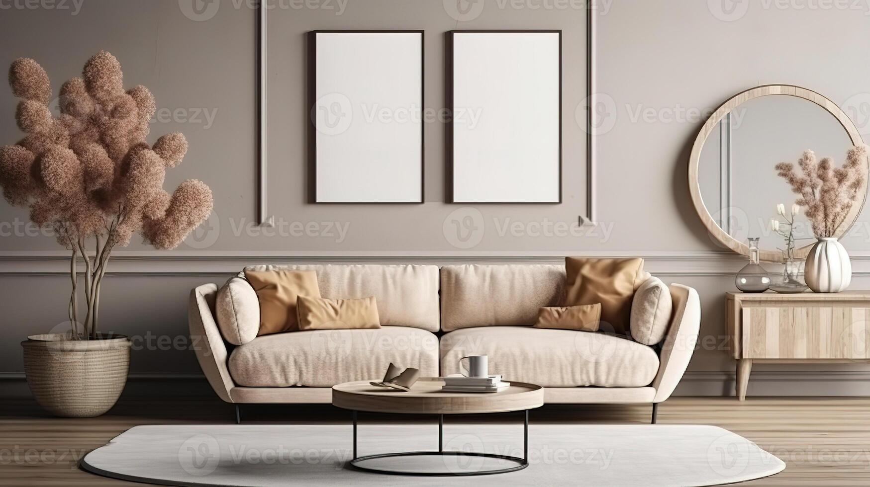 Frame mockup in home interior, living room in neutral colors with sofa. photo