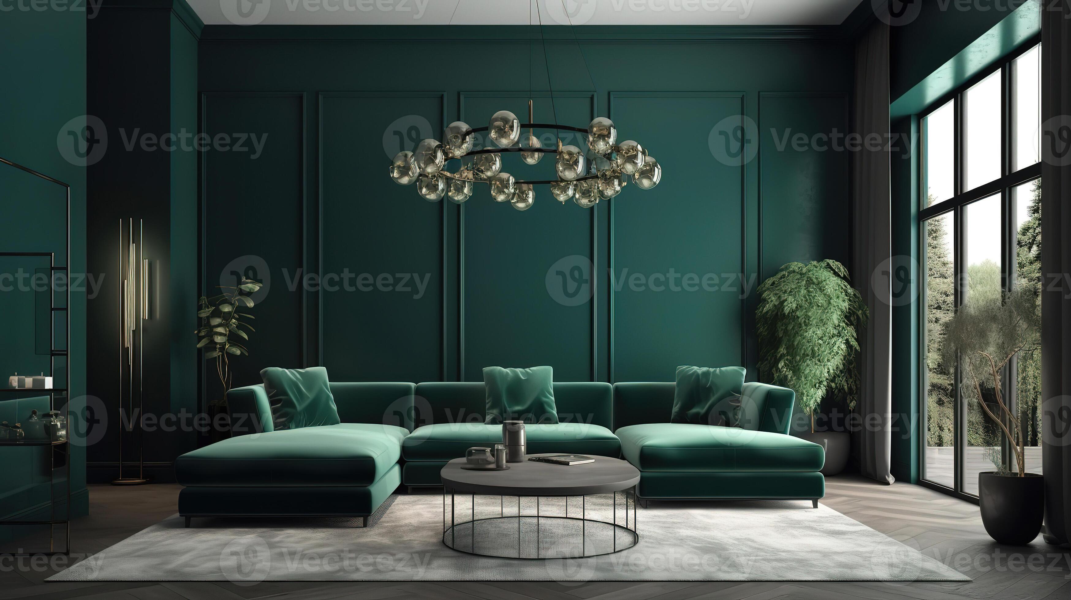 moderno vivo habitación interior con verde sofá en contra musgo fotografía.  biofílico diseño. generativo ai ilustración 23776624 Foto de stock en  Vecteezy