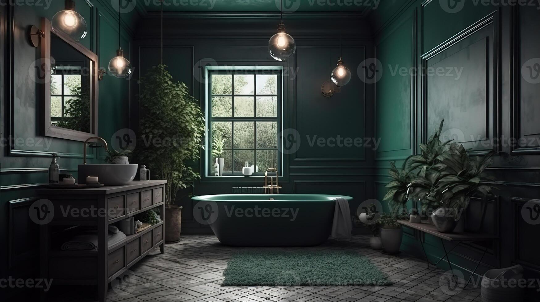 Dark green rustic bathroom, 3d render. photo