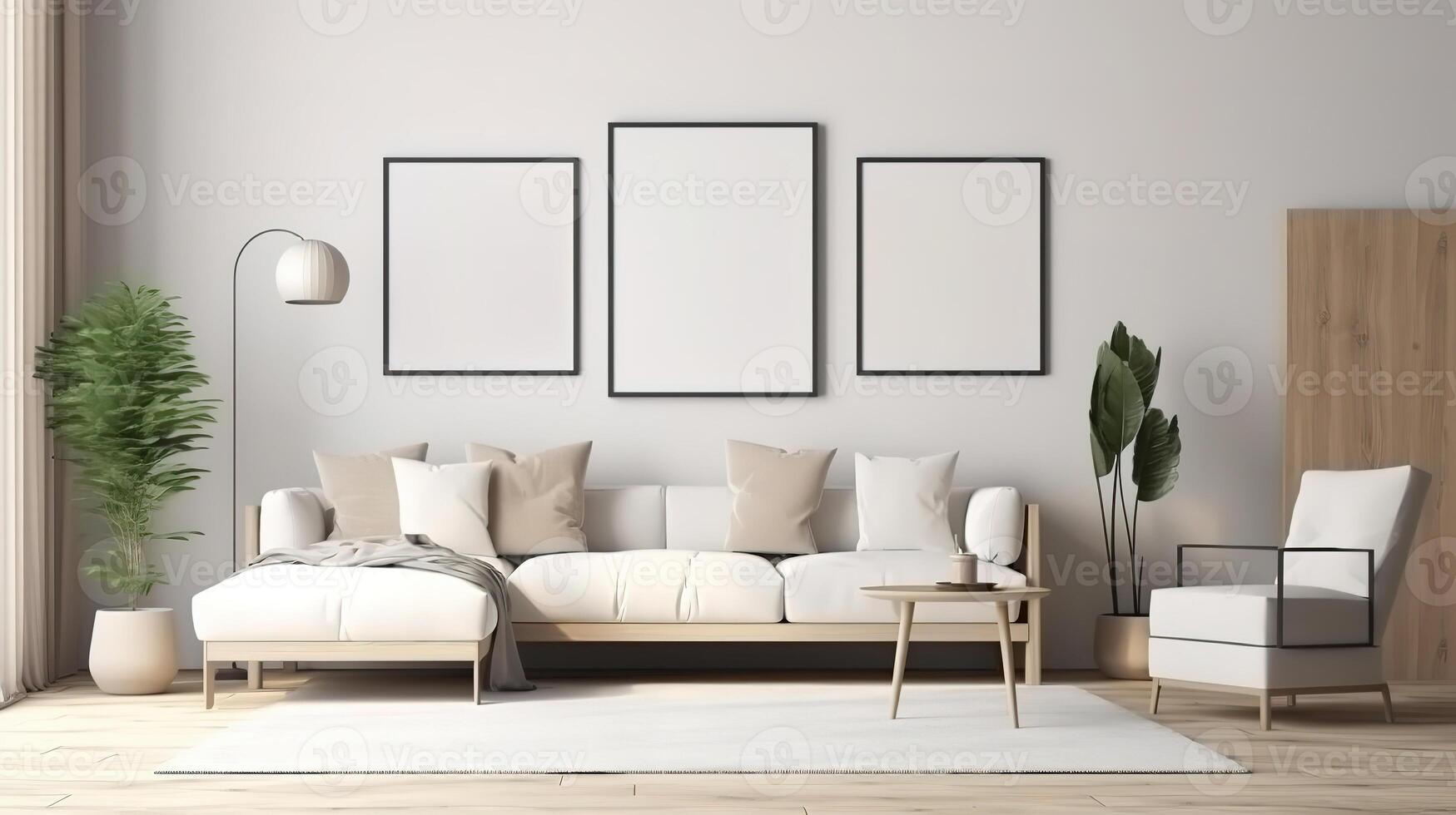 White sofa with decor and mockup frames on wall in Scandinavian style interior. photo