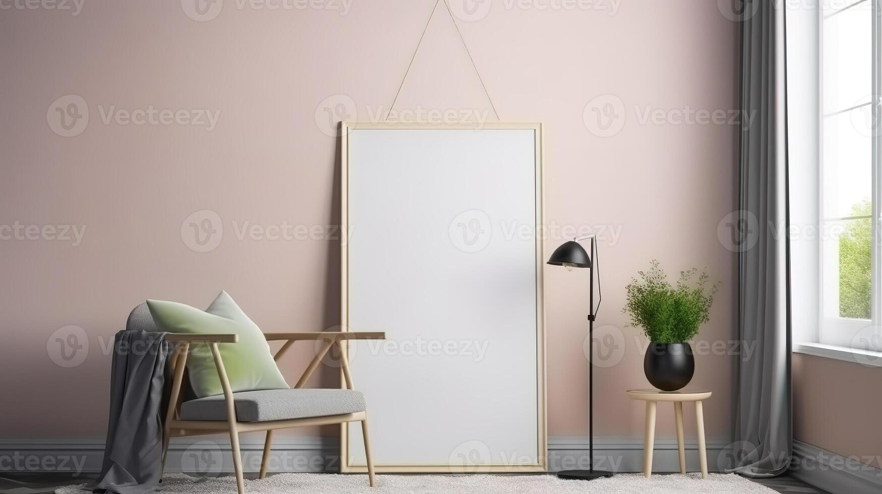 Mock up poster frame in interior background, scandinavian style, 3D render. photo