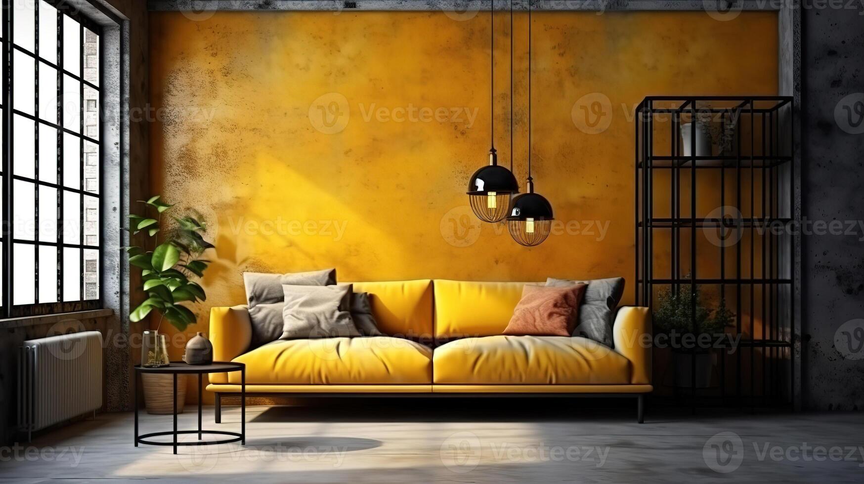 Cozy industrial home interior, wall mock up, 3d render, Bright color. photo