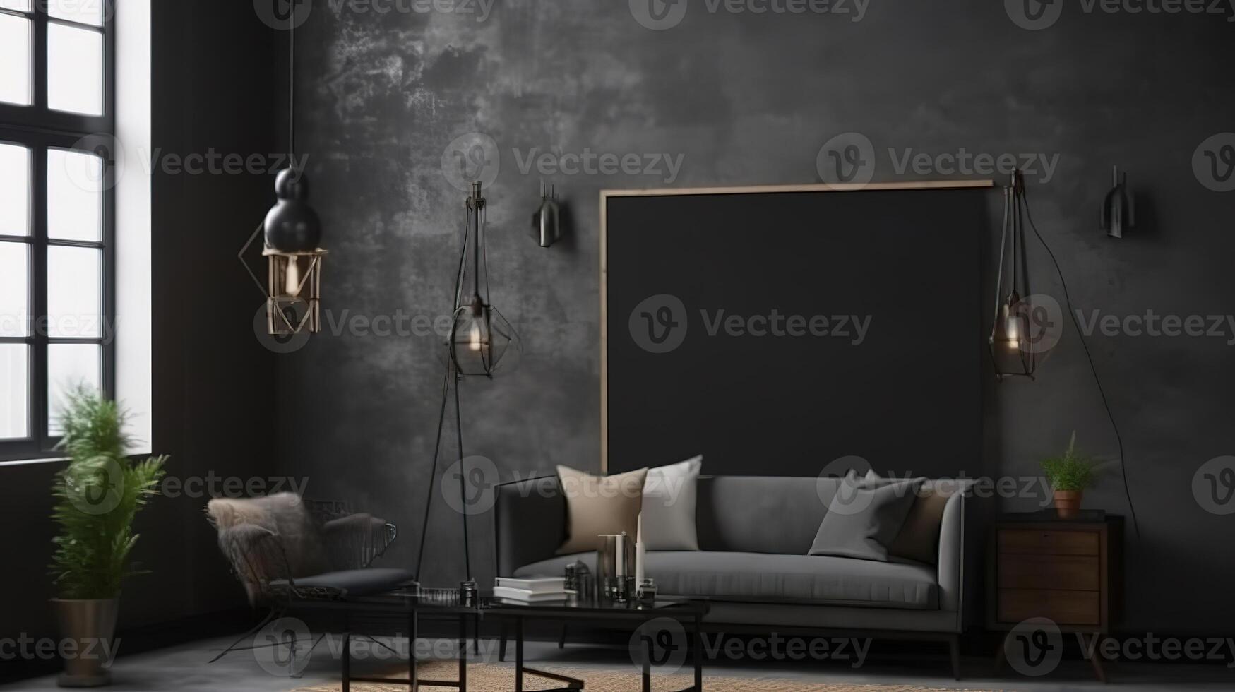 Poster, wall mockup in interior background with dark furniture, industrial style. photo