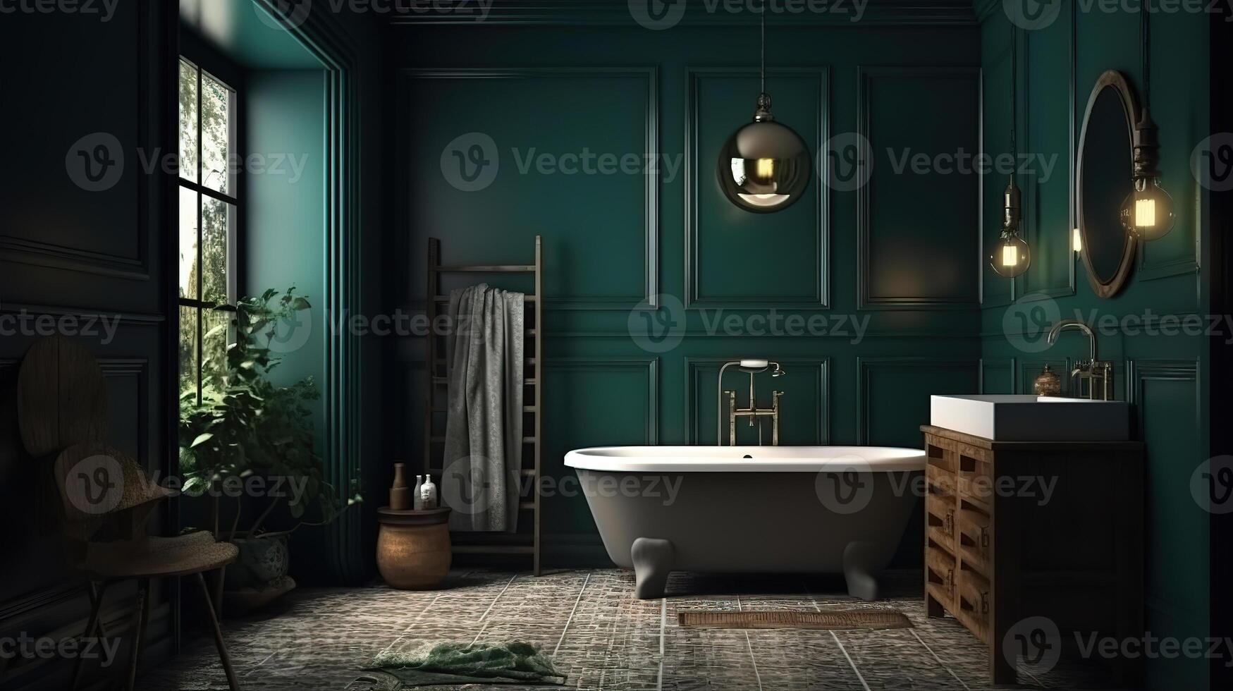 Dark green rustic bathroom, 3d render. photo