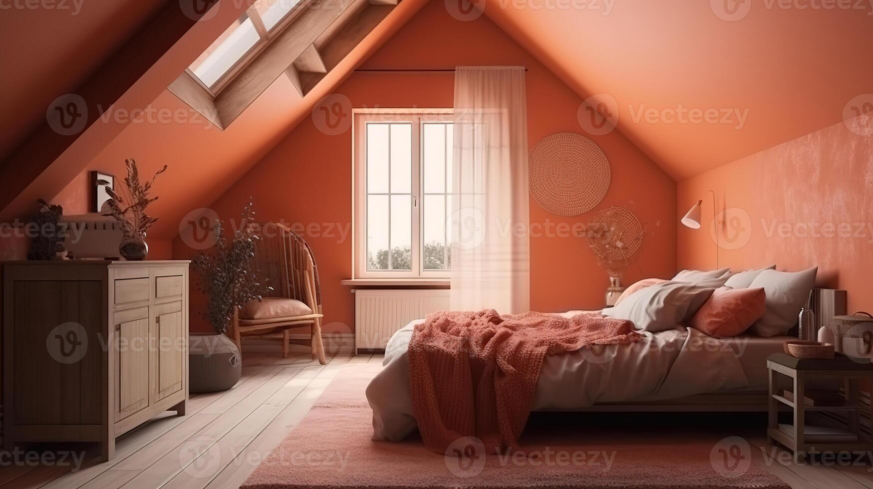 Interior of modern design room with original bed 3d rendering. photo
