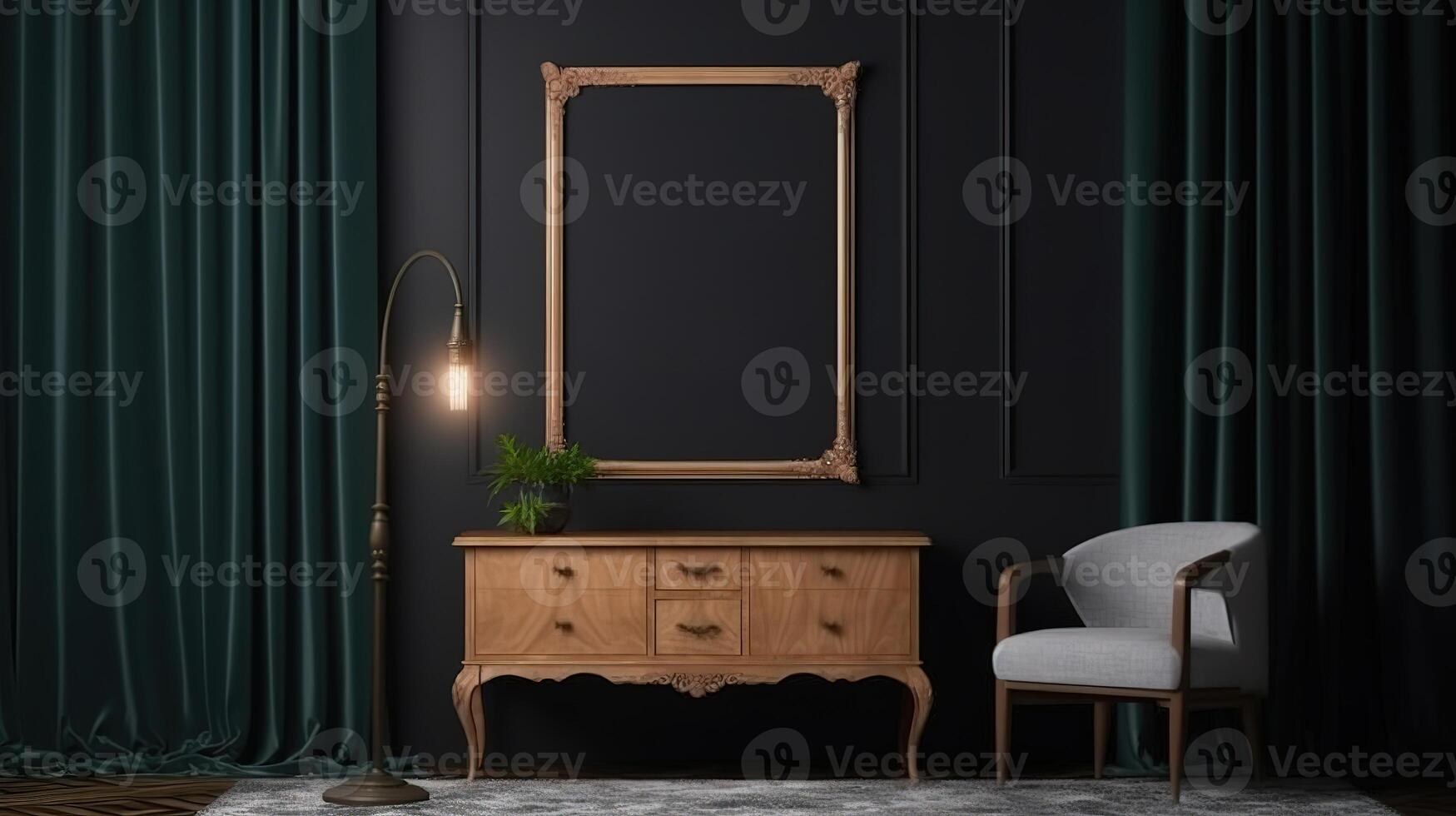 Frame mockup in dark vintage interior with wooden furniture. photo