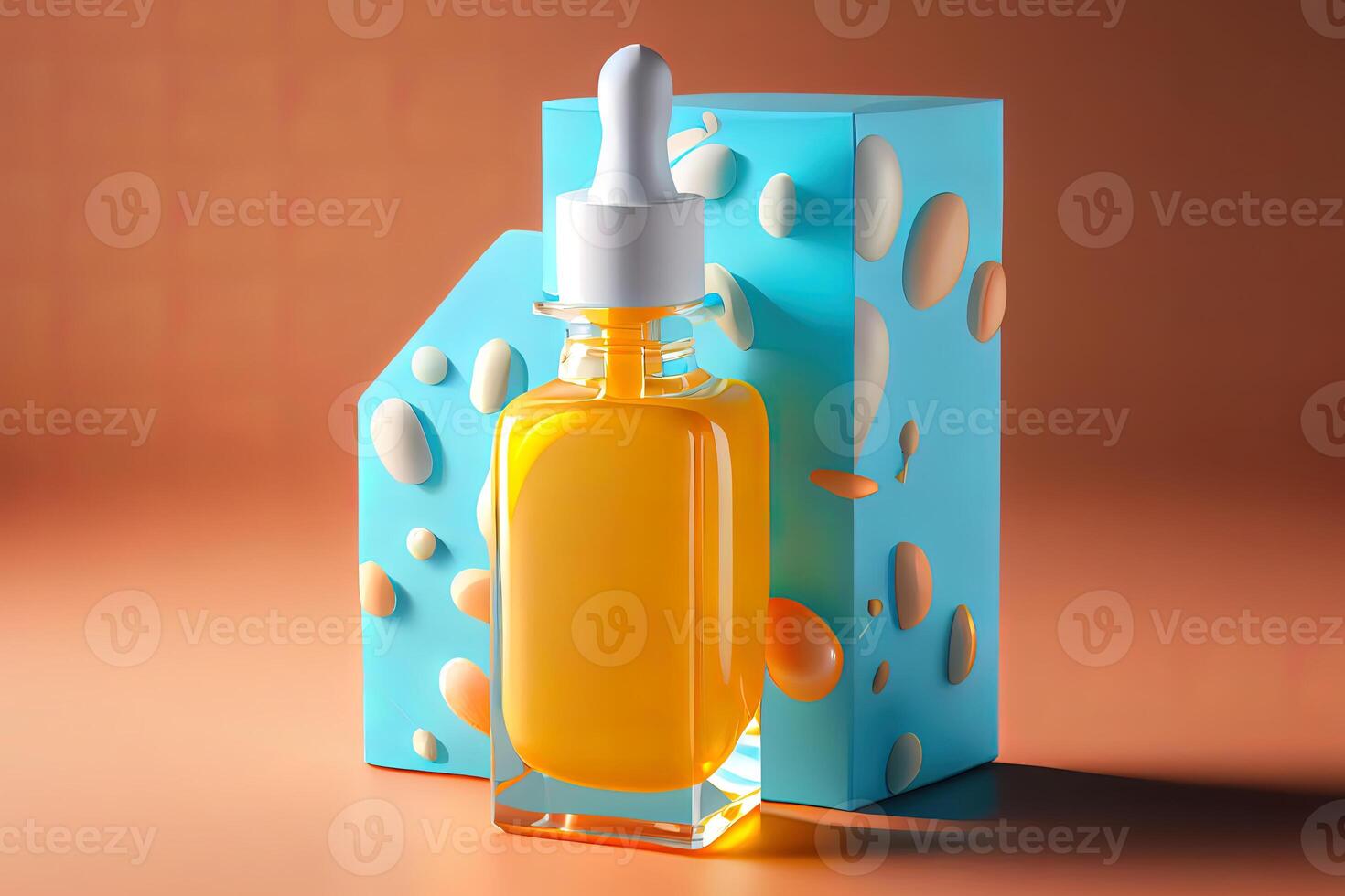 3D Skin Serum and Vitamin illustration isolated on blue background. photo