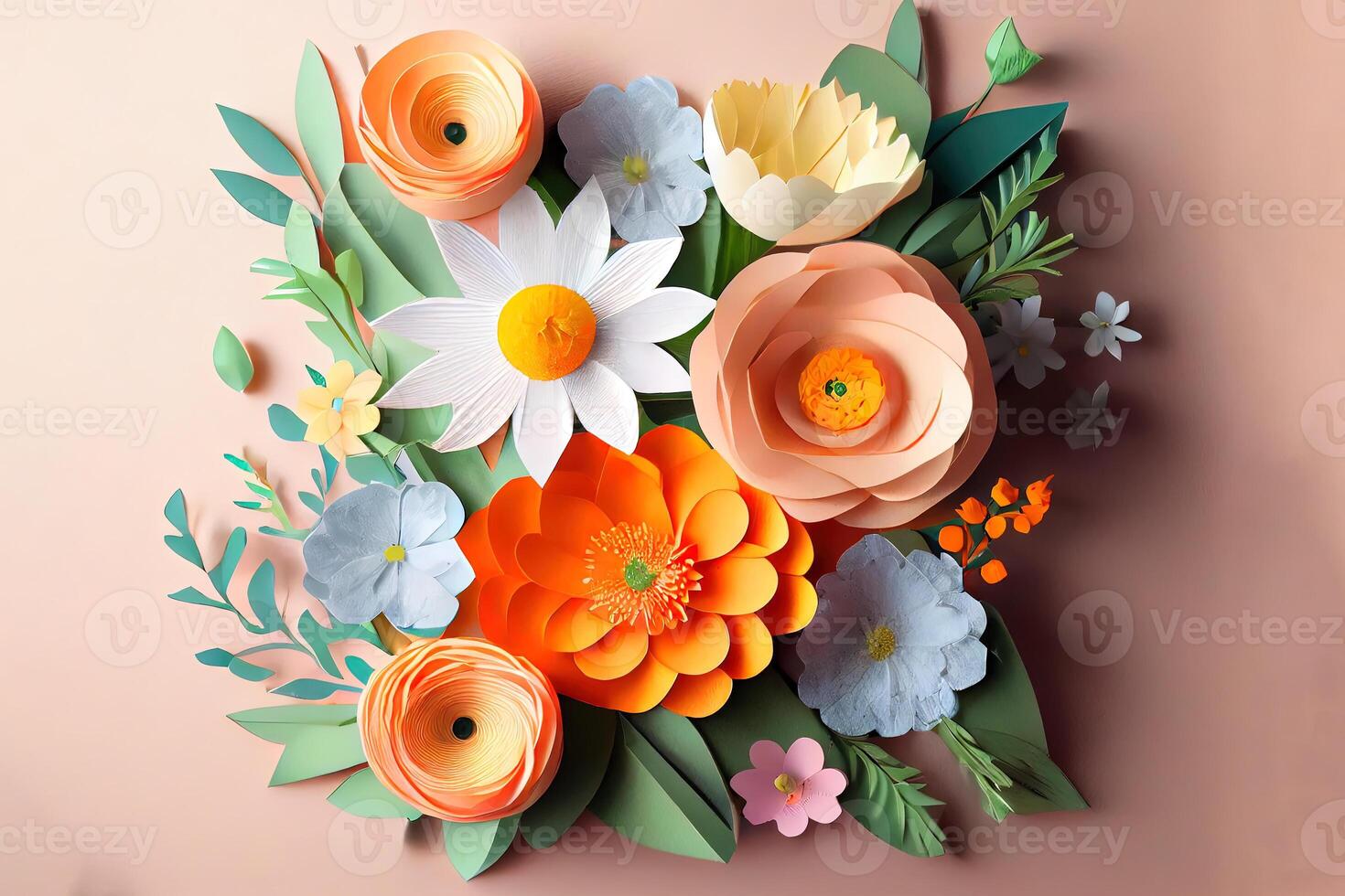 Amazing Flat lay of paper flowers arrangement for women's day, realistic. photo