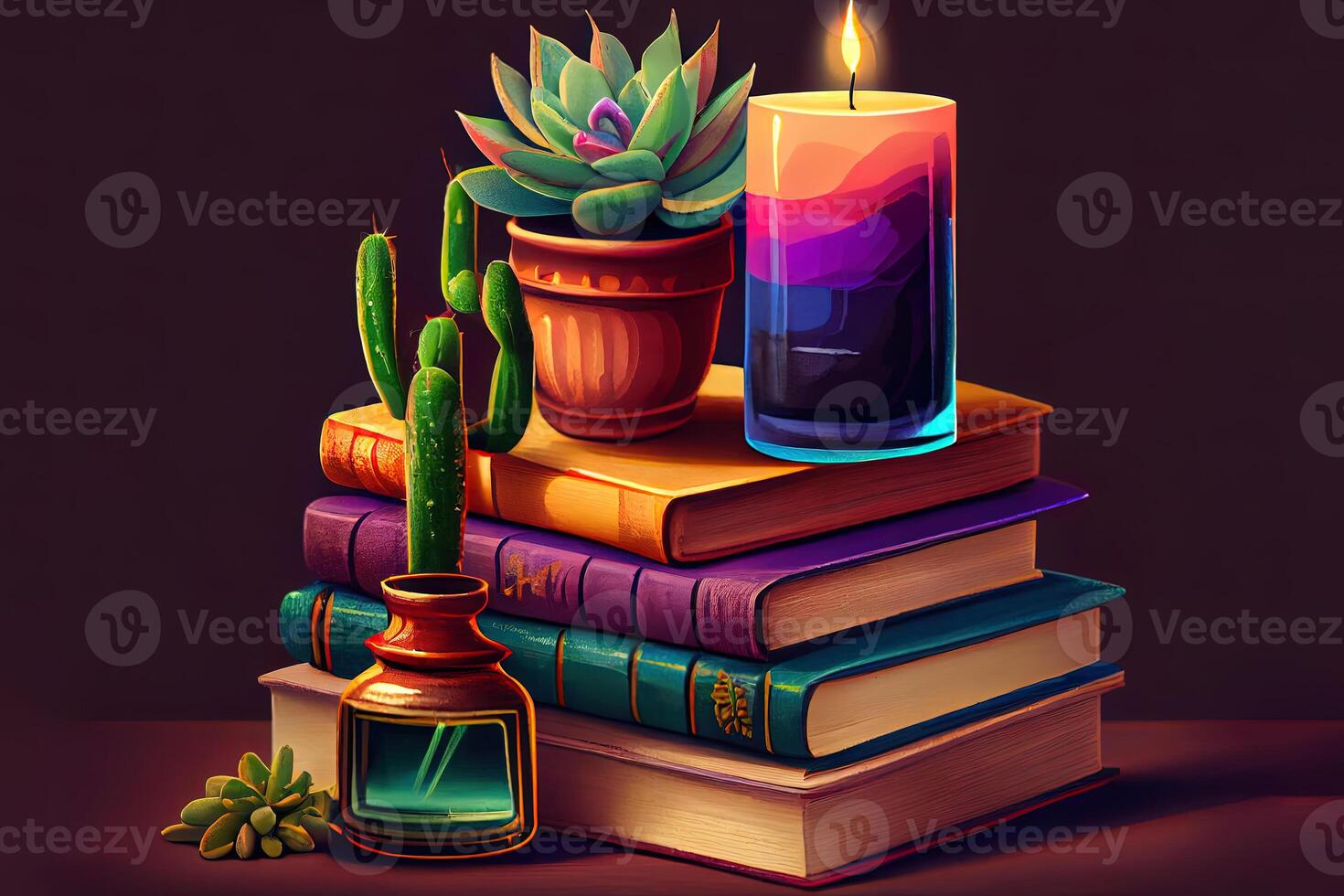 Background for World Book Day. Still life with stack of colorful books and home interior decor. photo