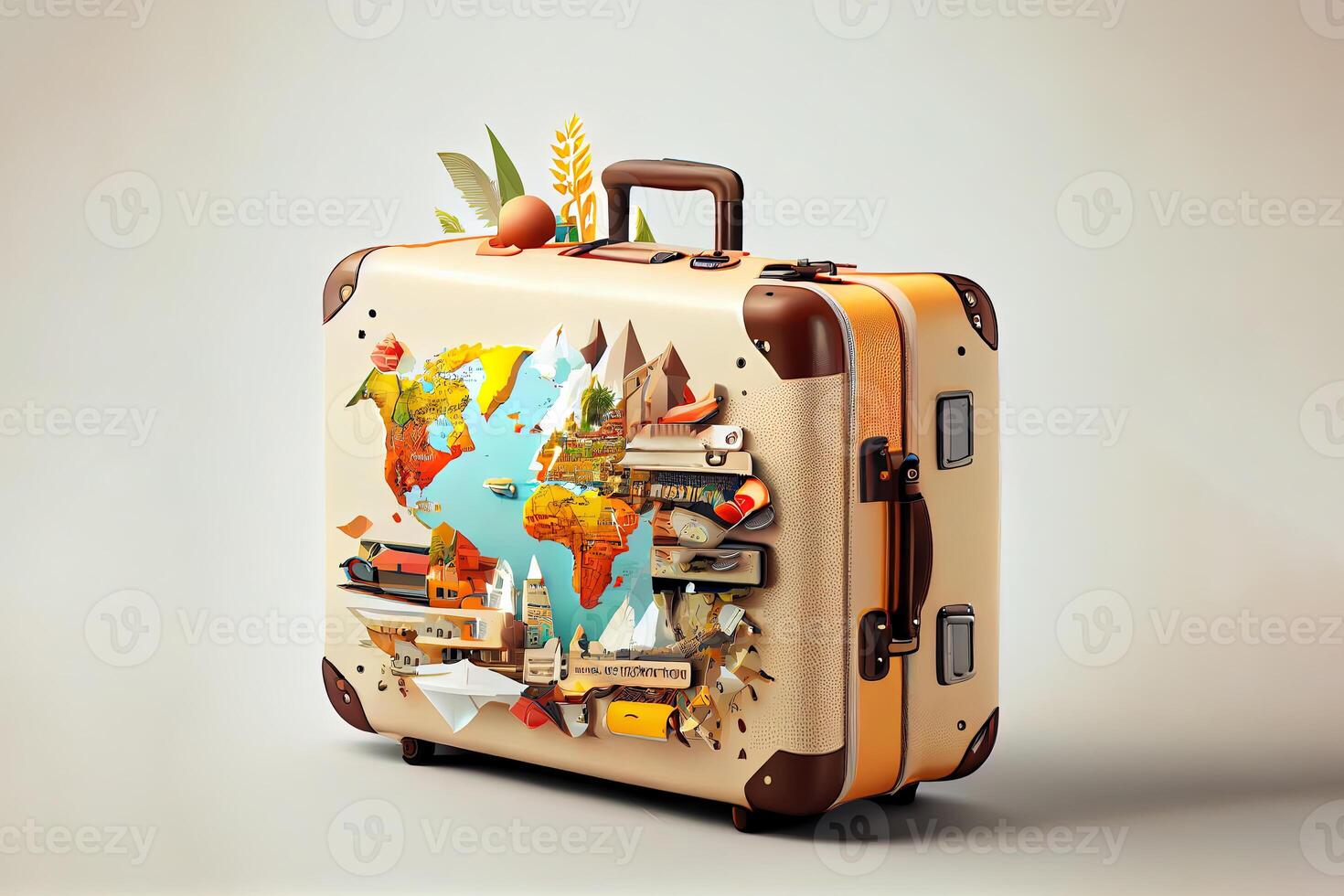 Wonderful Photoreal suitcase with different travel destination elements. World travel concept, 3D rendering. photo