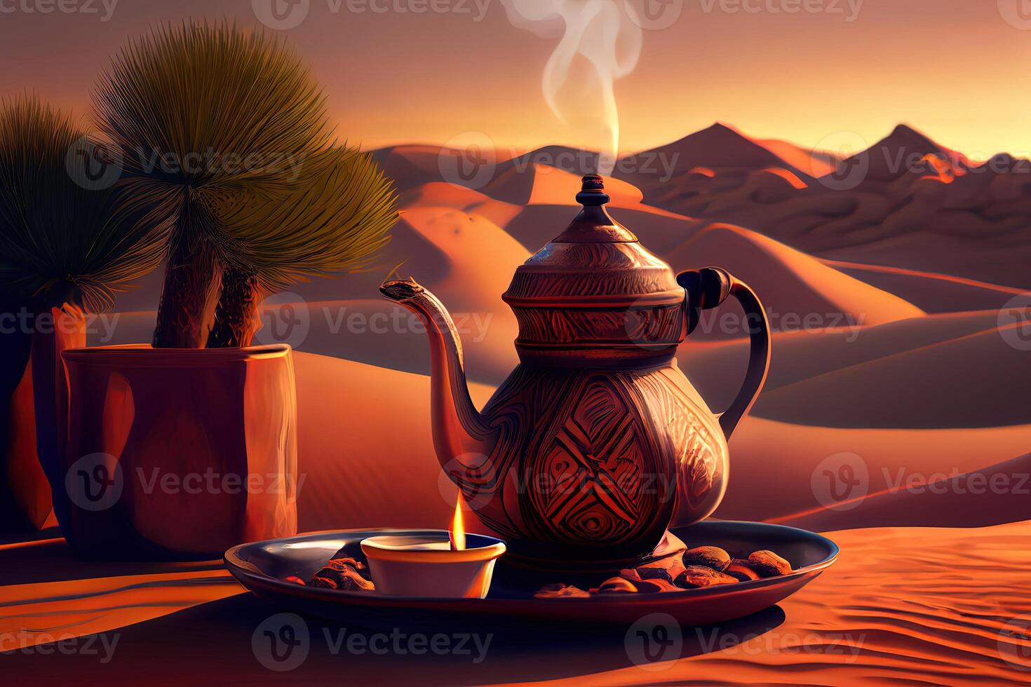 Special Dates, teapot, cup with tea near the fire in the desert with a beautiful background. photo