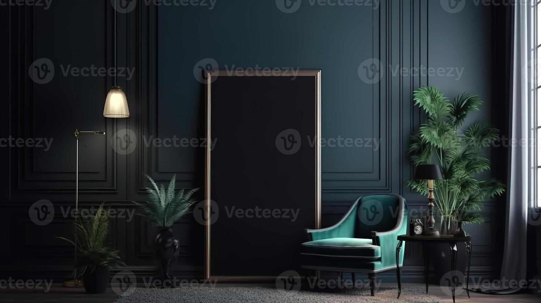 Modern classic black interior with capitone brown leather chester sofa. photo