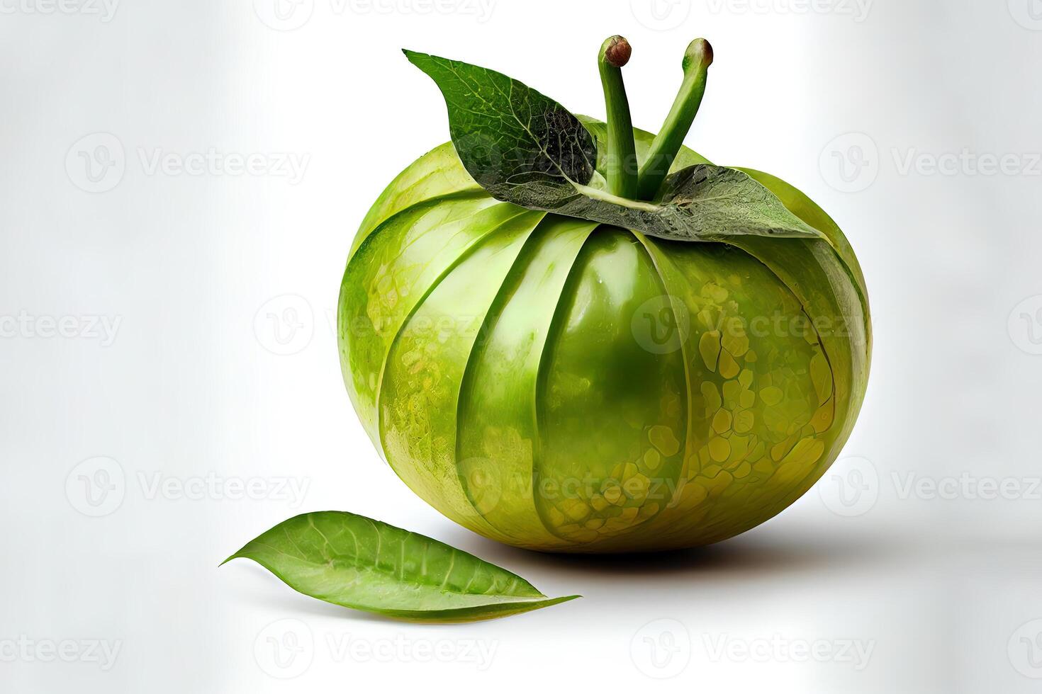 Single fresh green whole and halved tomatillo in a husk isolated on white background. photo