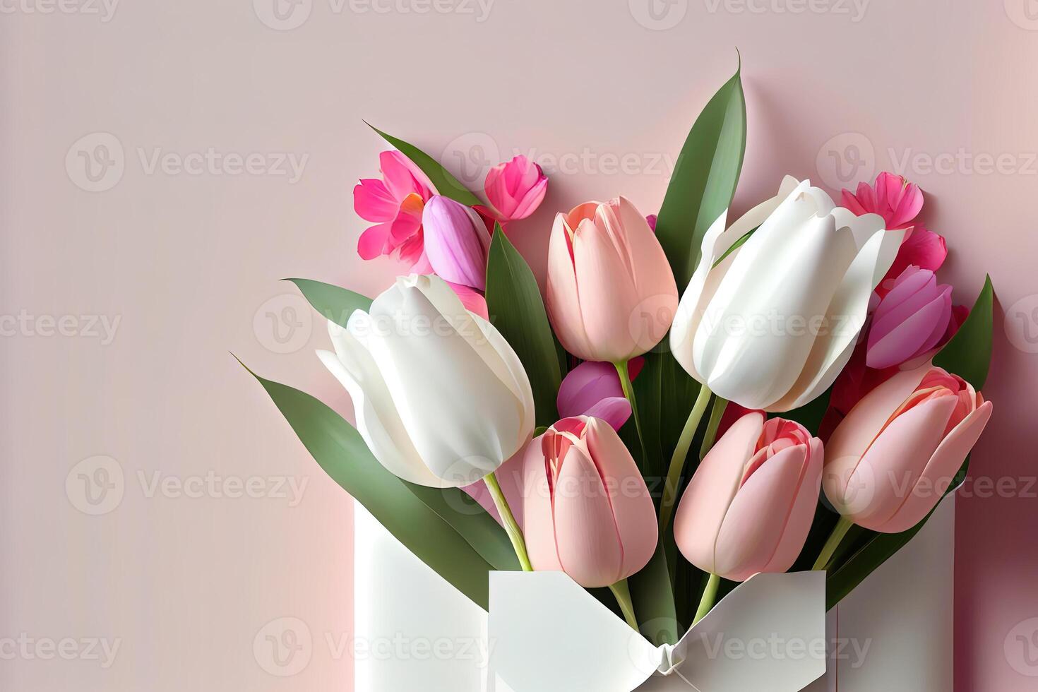 Greeting card and tulips on white wooden background for mother's day. photo
