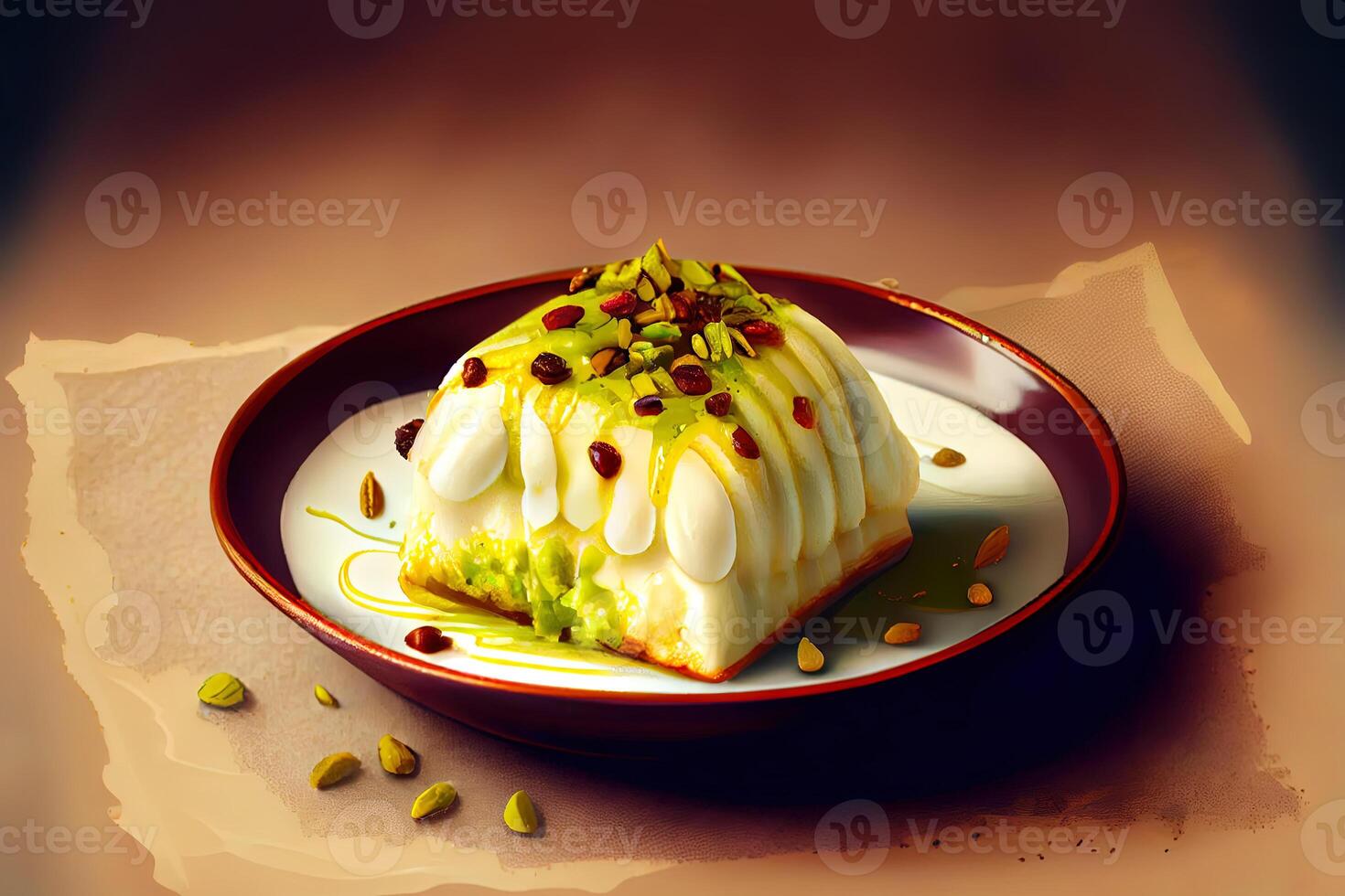 Nutritious Traditional Arabian Kanafe with Cream and Cheese with pistachio nuts. photo