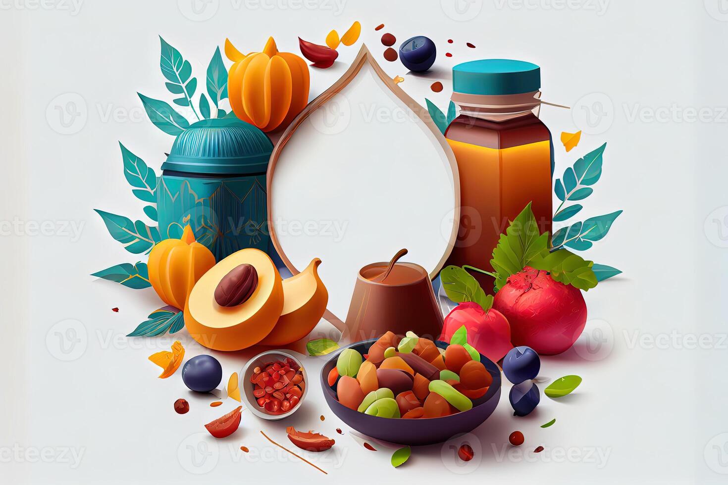 Arabian food composition for ramadan with bread and pastry. photo