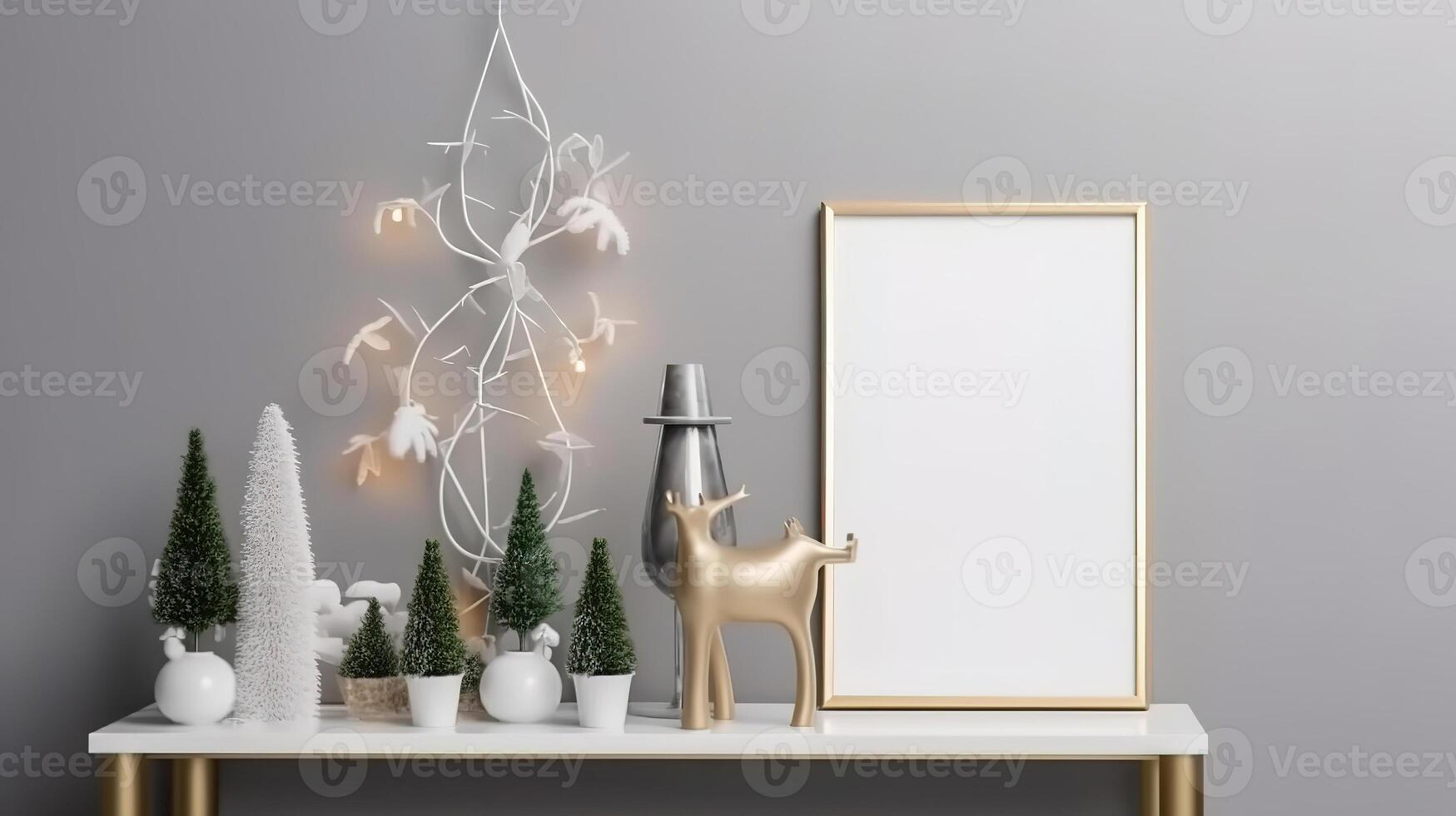 Christmas background empty wooden picture frame mock up and decoration. photo