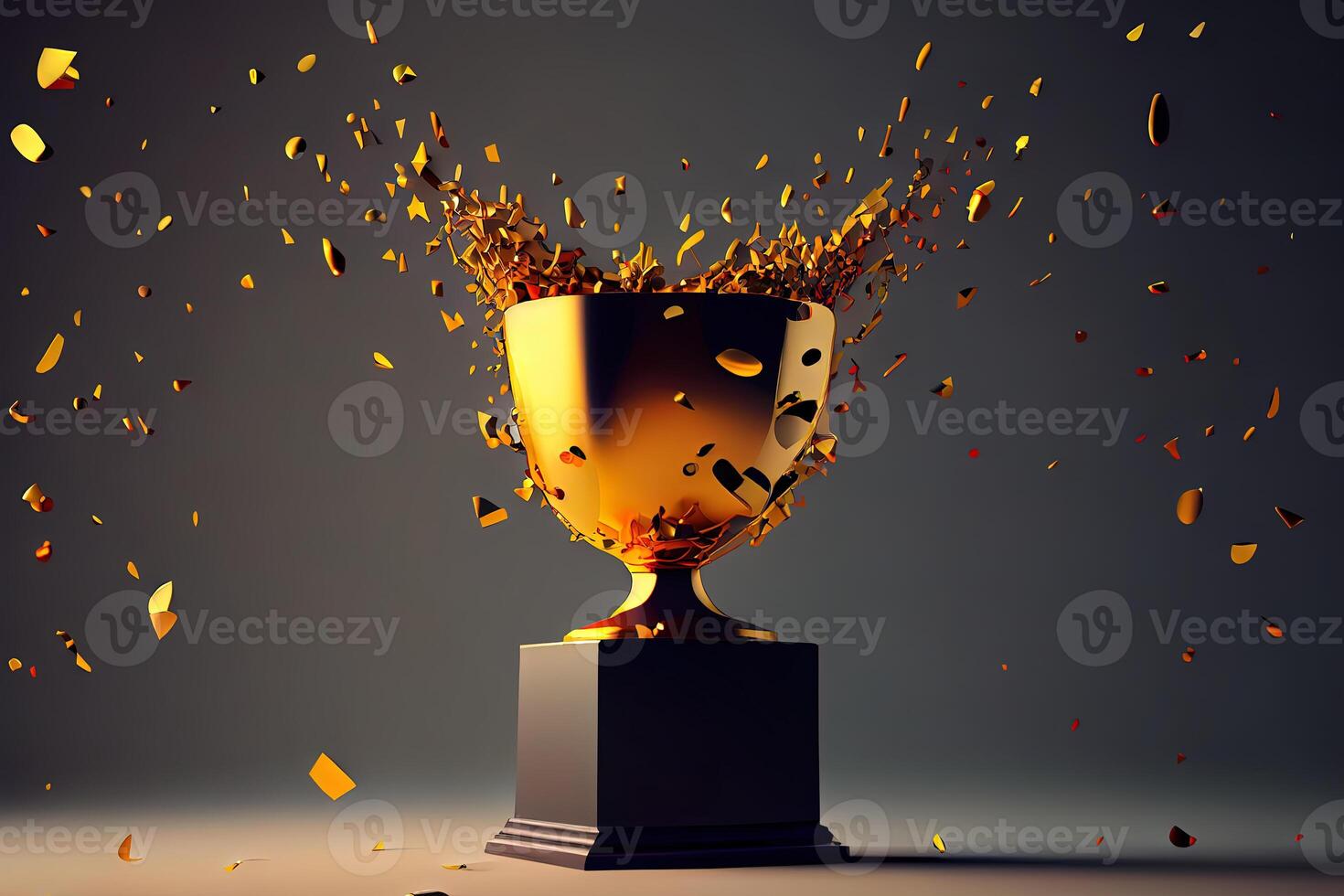 Amazing close up golden trophy award with falling confetti, copy space for text, 3d rendering. photo