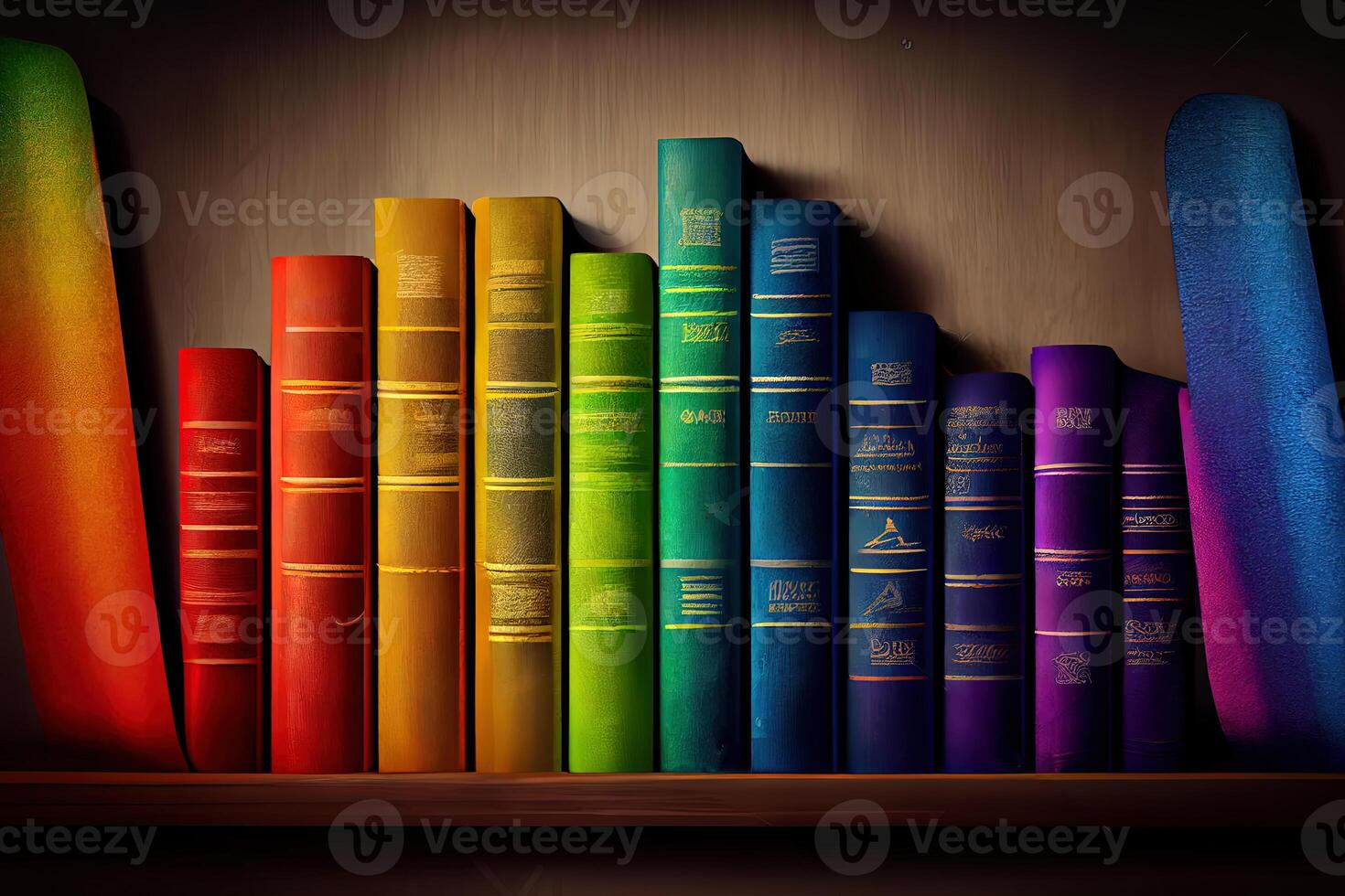 Row of old books on rainbow shelf. horizontal background scene. photo