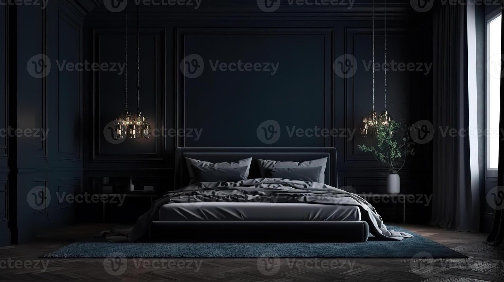 hermosa oscuro dormitorio interior fondo, 3d prestar, brillante color. generativo ai foto