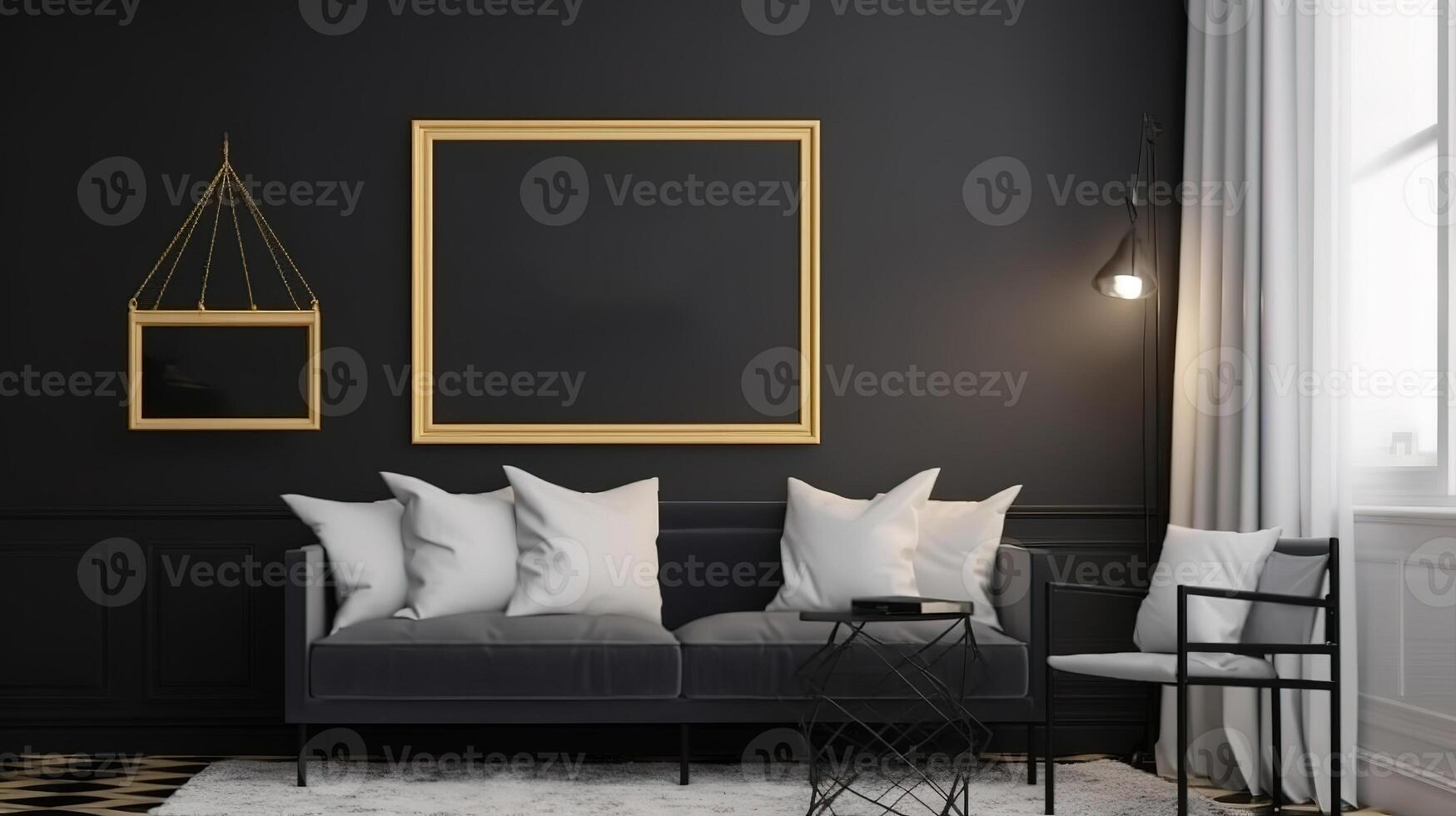 Picture frame mockup hanging in a modern living room. photo