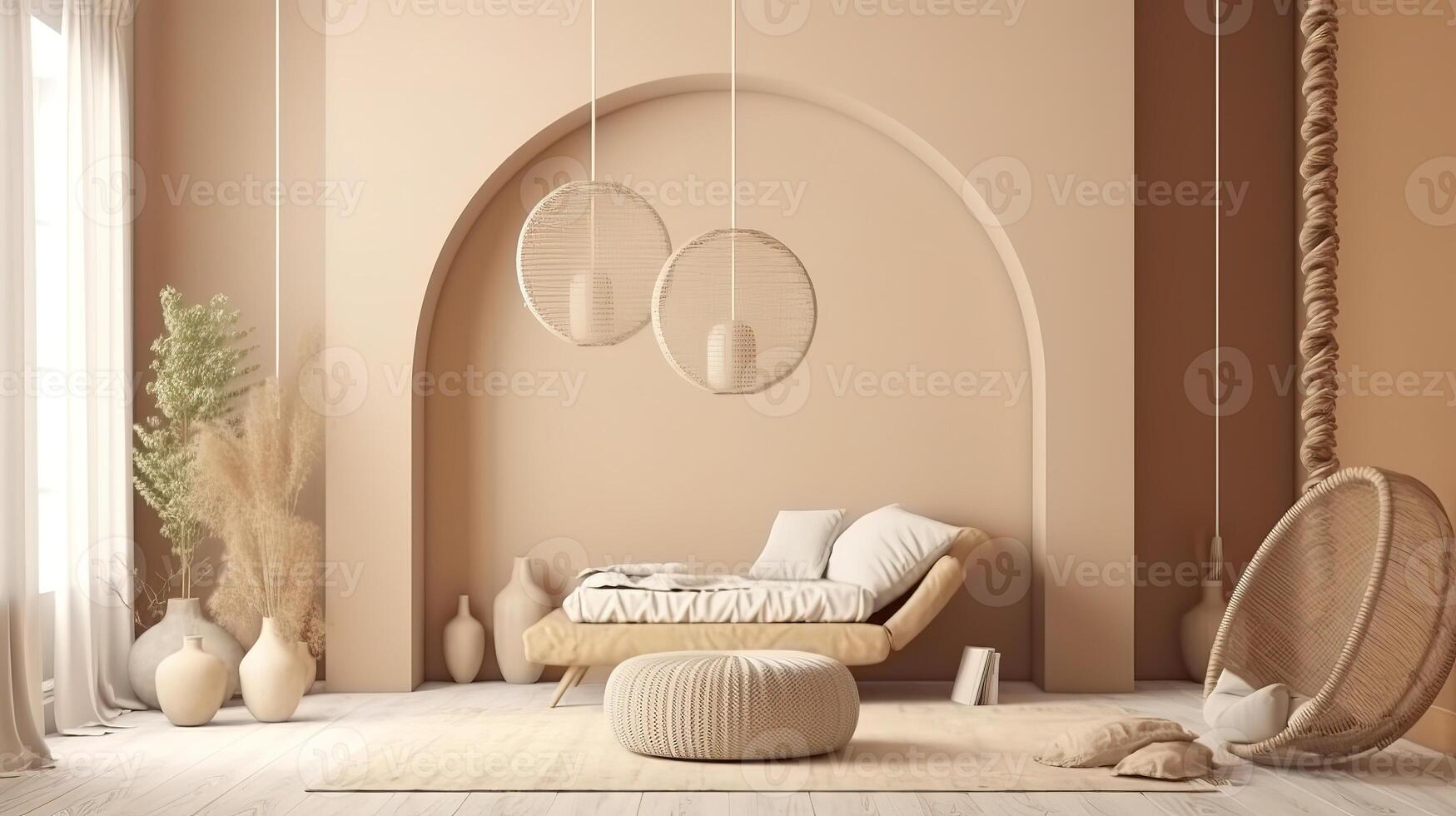 Home mockup, cozy beige minimalist interior background, Boho style. photo
