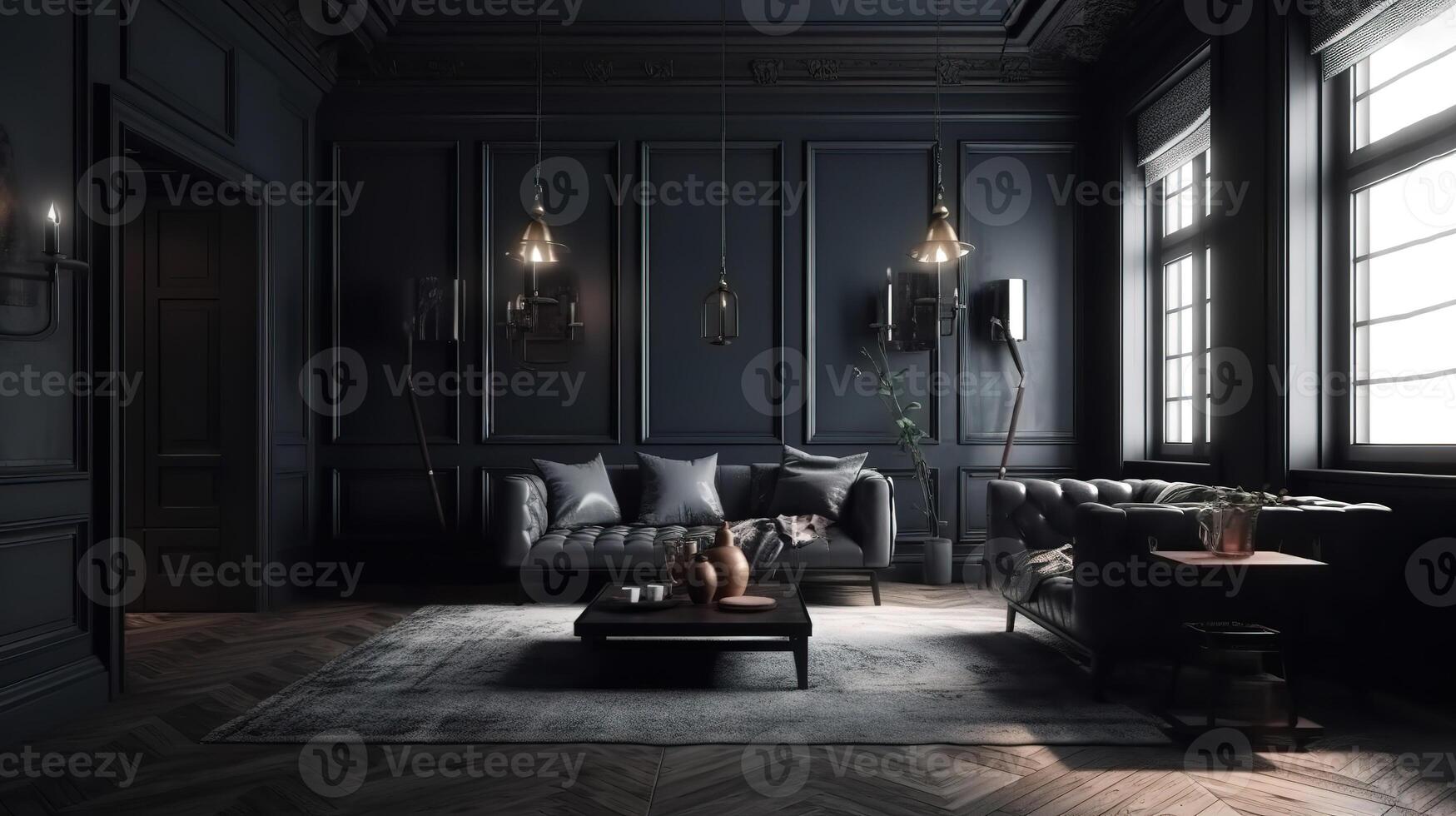 Dark living room interior, farmhouse style, 3d render, Bright color. photo