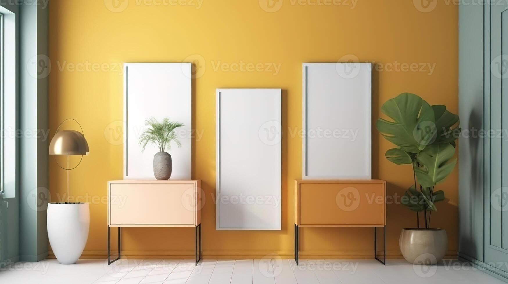 Mock up poster frame in home interior background, 3D render, Bright color. photo