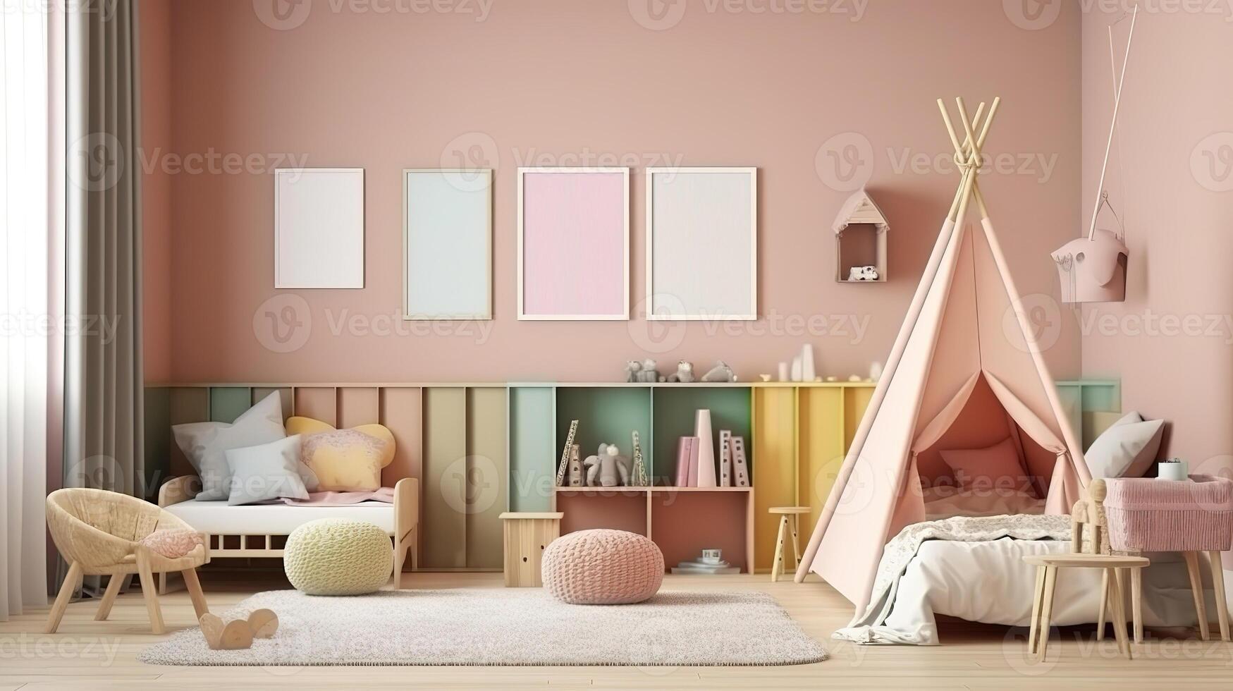 Realistic scandinavian boy's room furnituree. photo