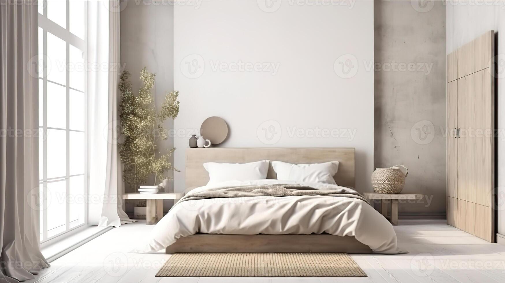Mockup frame in bedroom interior background, farmhouse style. photo