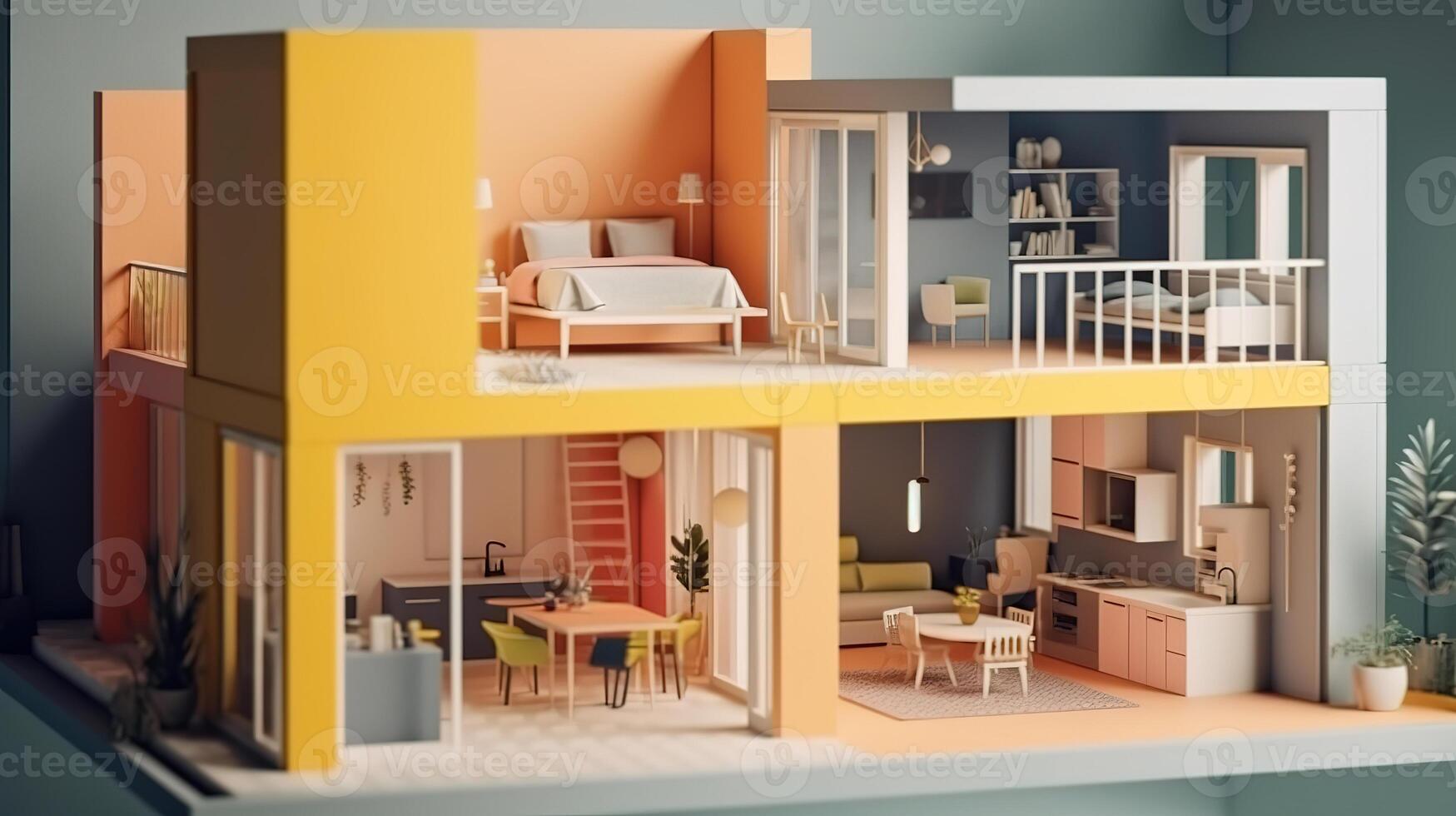 Mock up of furnished home apartment, paper model, Bright color. photo