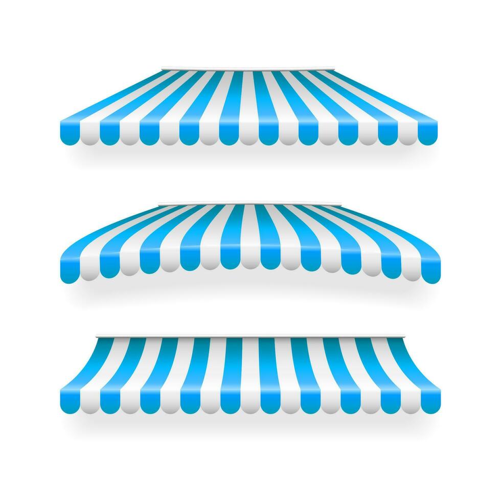 Realistic striped shop sunshade. Store awning. Shop tent isolated set. Vector illustration