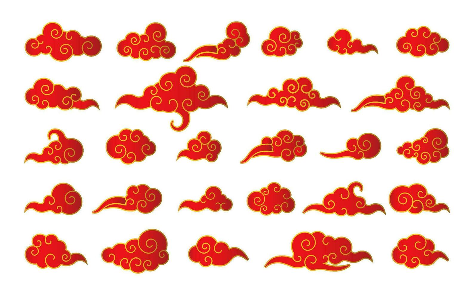 Cloud in Chinese style. Abstract red and gold cloudy set isolated on white background. Vector illustration