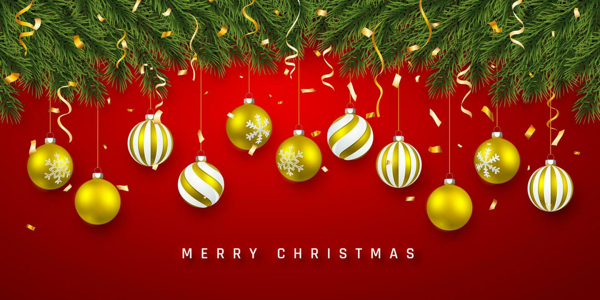 festivo Navidad o nuevo año antecedentes. Navidad abeto ramas con papel picado y Navidad oro pelotas. vacaciones antecedentes. vector ilustración